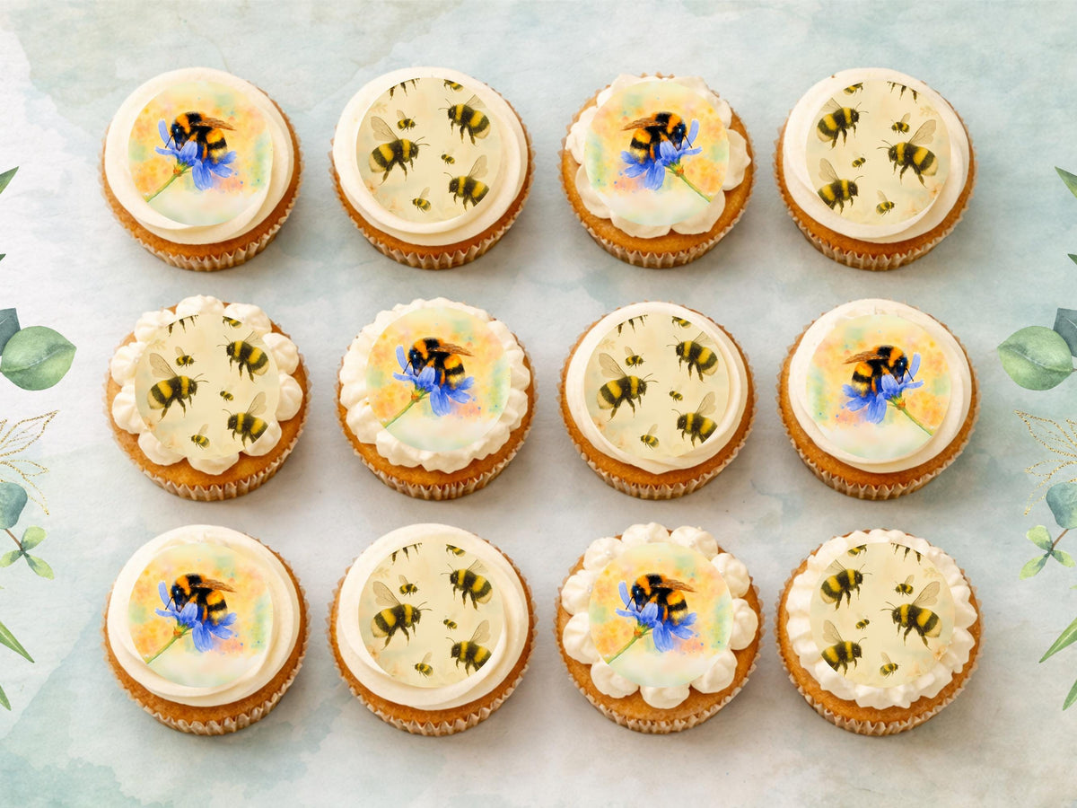 Bumble Bee Edible Cupcake Toppers 12 x 2"– Precut Bee Birthday Decoration