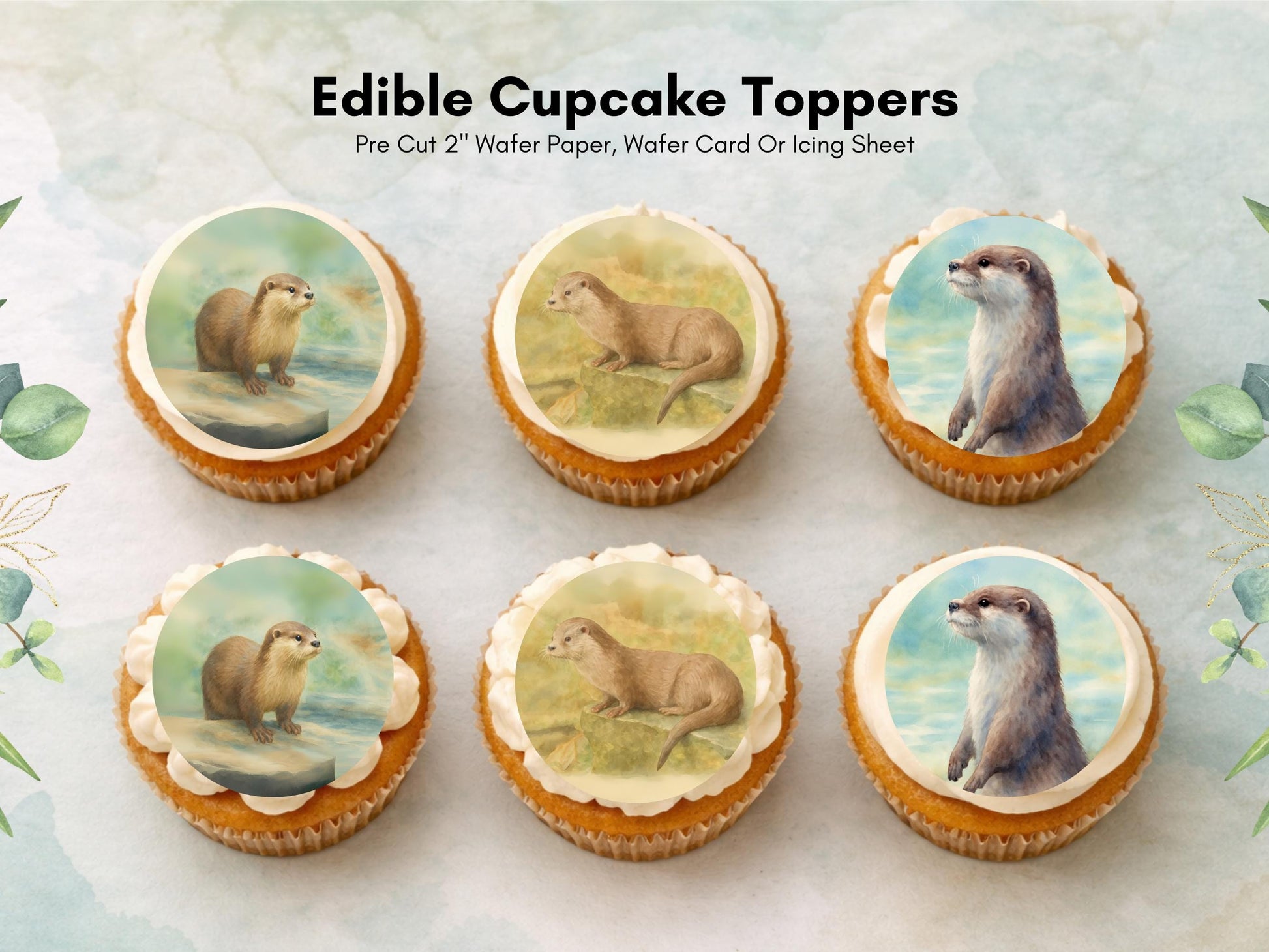 Otter Edible Cupcake Toppers – 2" Pre-Cut, Birthday Party (Wafer Paper, Card, or Icing Sheet)
