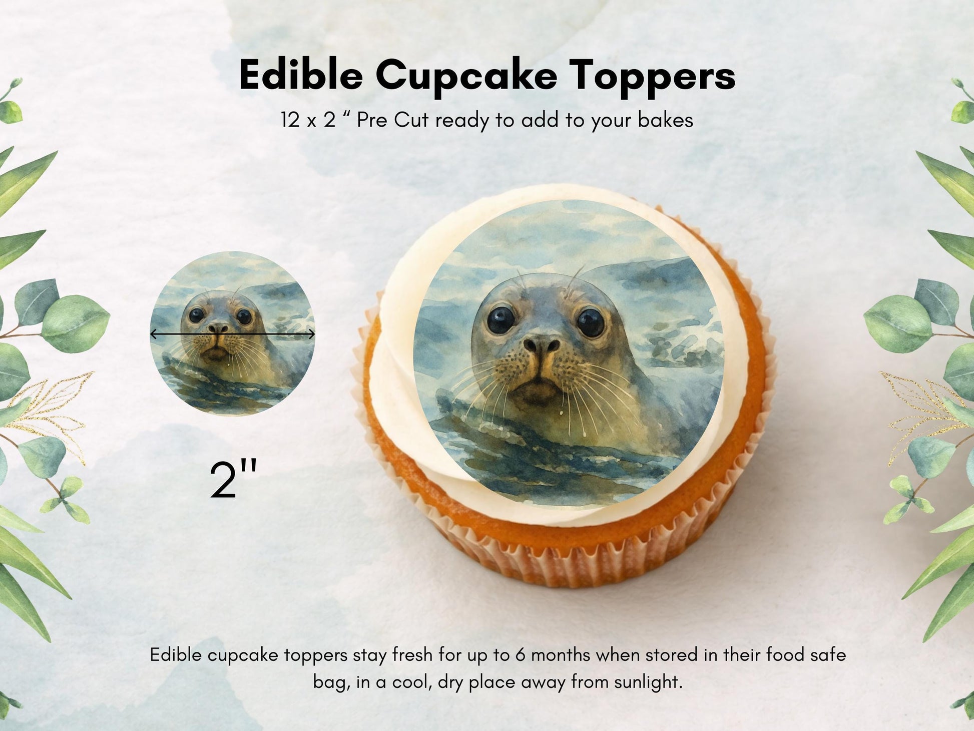 Seal Edible Cupcake Toppers – 2" Wafer Paper, Card or Icing (12 ct)