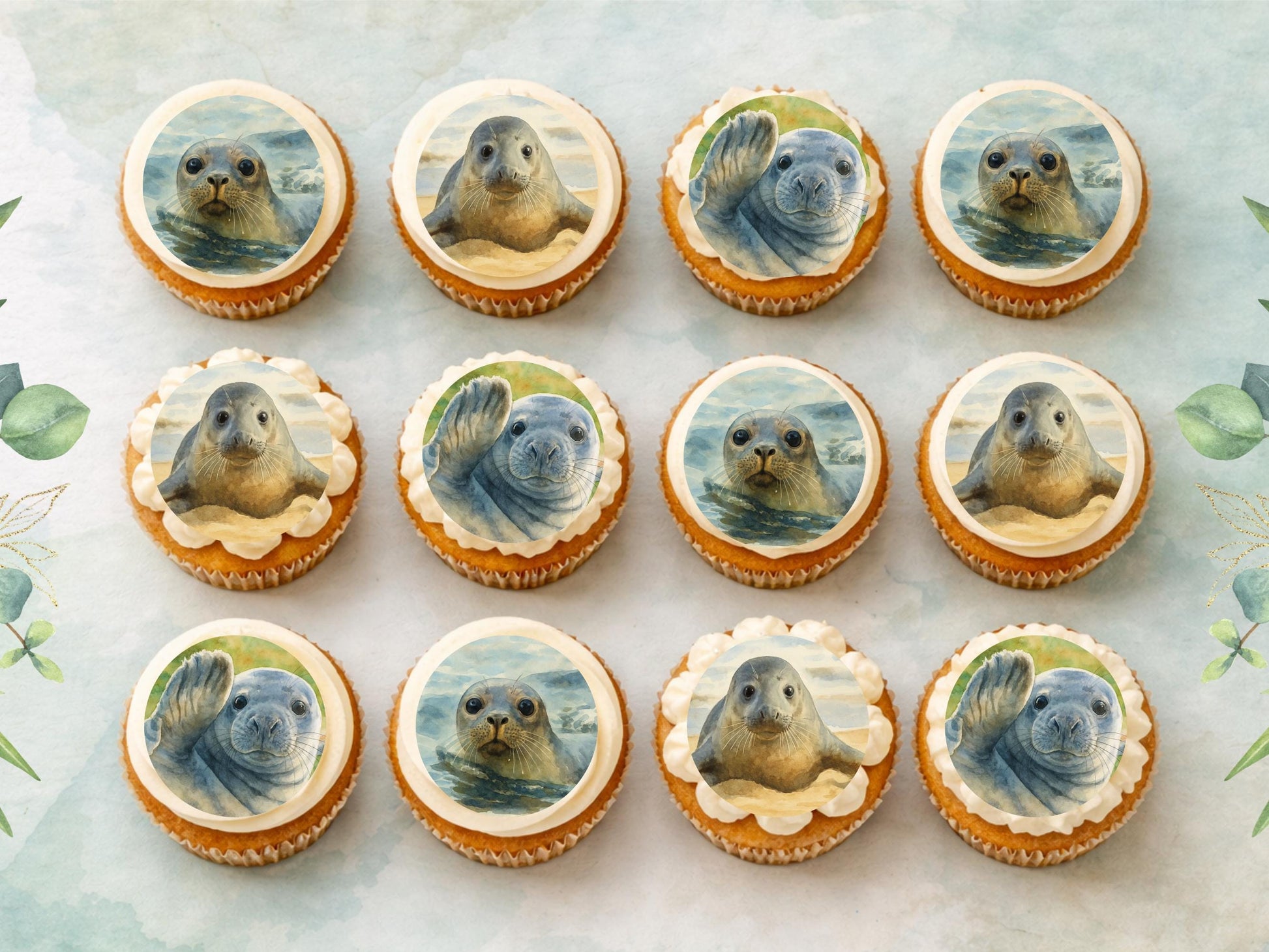Seal Edible Cupcake Toppers – 2" Wafer Paper, Card or Icing (12 ct)