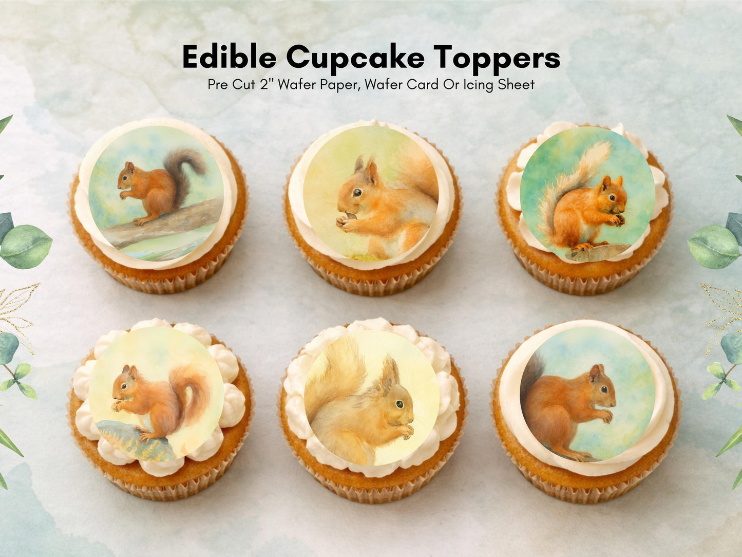 Squirrel Edible Cupcake Toppers 12 x 2" Precut Wafer Paper, Card or Icing Sheet