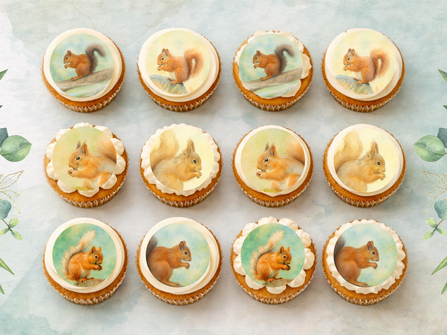 Squirrel Edible Cupcake Toppers 12 x 2" Precut Wafer Paper, Card or Icing Sheet