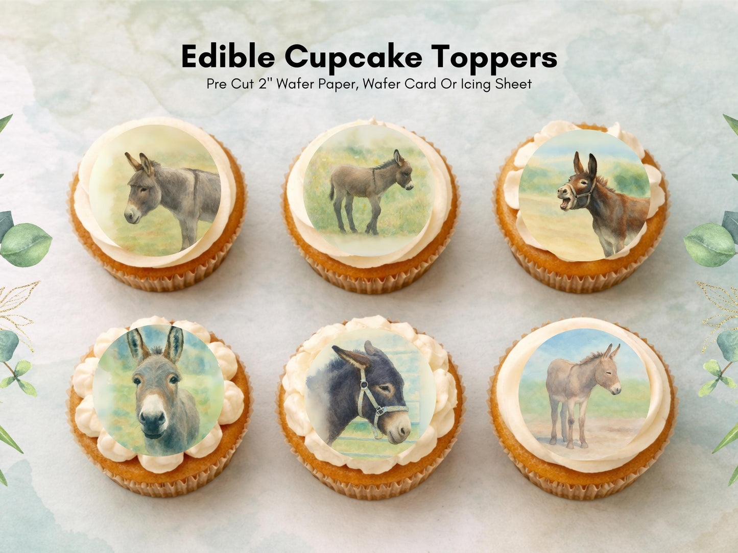 Donkey Cupcake Toppers: Edible Wafer Paper Decorations (12 x 2")