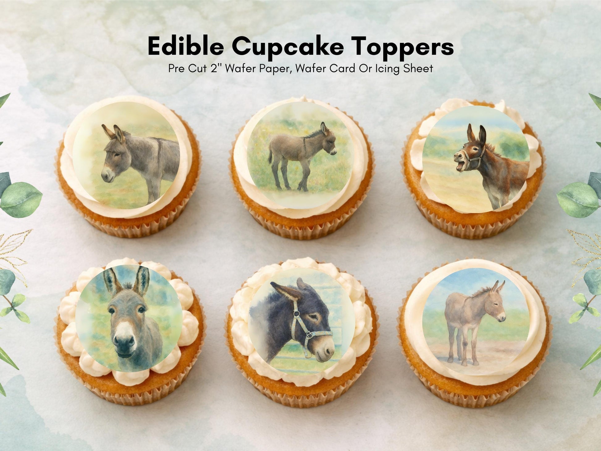 Donkey Cupcake Toppers: Edible Wafer Paper Decorations (12 x 2")