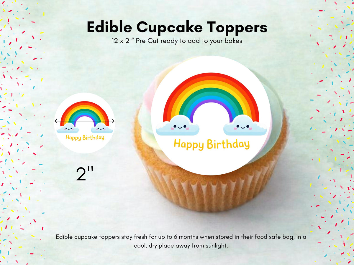 Rainbow Happy Birthday Edible Cupcake Toppers, Birthday Cake Decorations