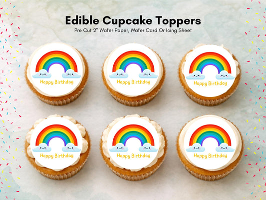 Rainbow Happy Birthday Edible Cupcake Toppers, Birthday Cake Decorations