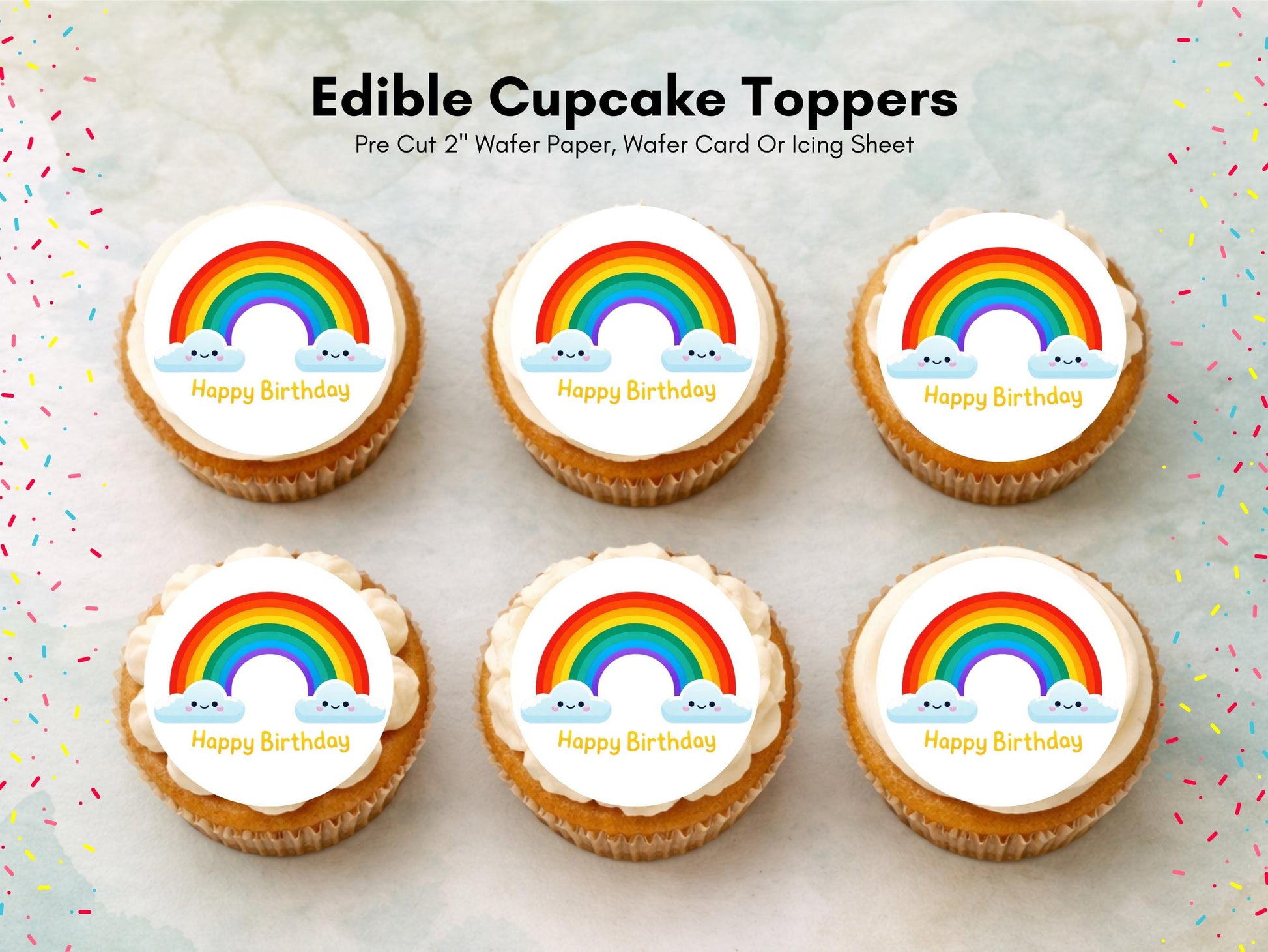 Rainbow Happy Birthday Edible Cupcake Toppers, Birthday Cake Decorations