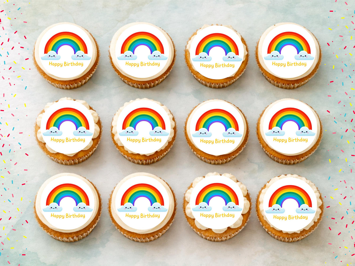 Rainbow Happy Birthday Edible Cupcake Toppers, Birthday Cake Decorations