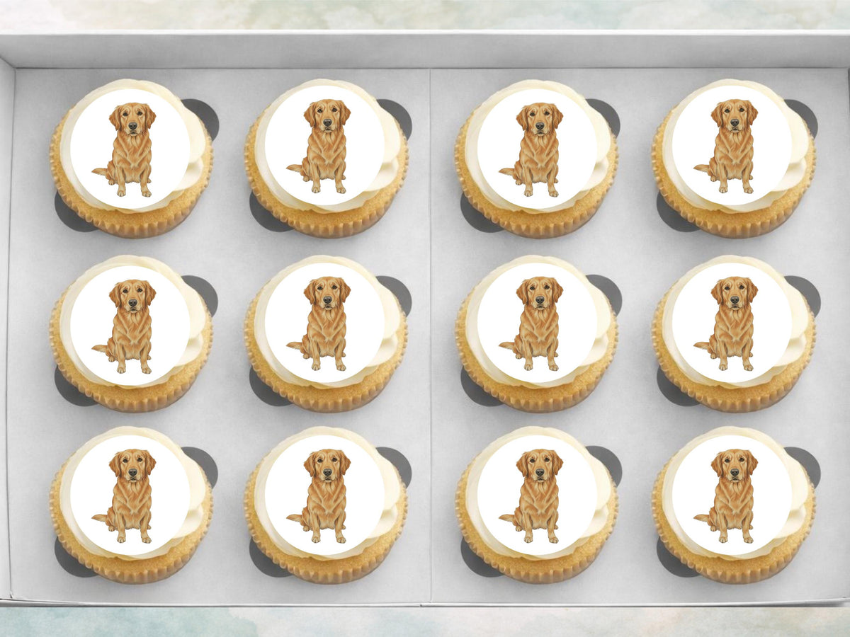Golden Retriever Edible Cupcake Toppers 12 x 2" Dog Cake Toppers