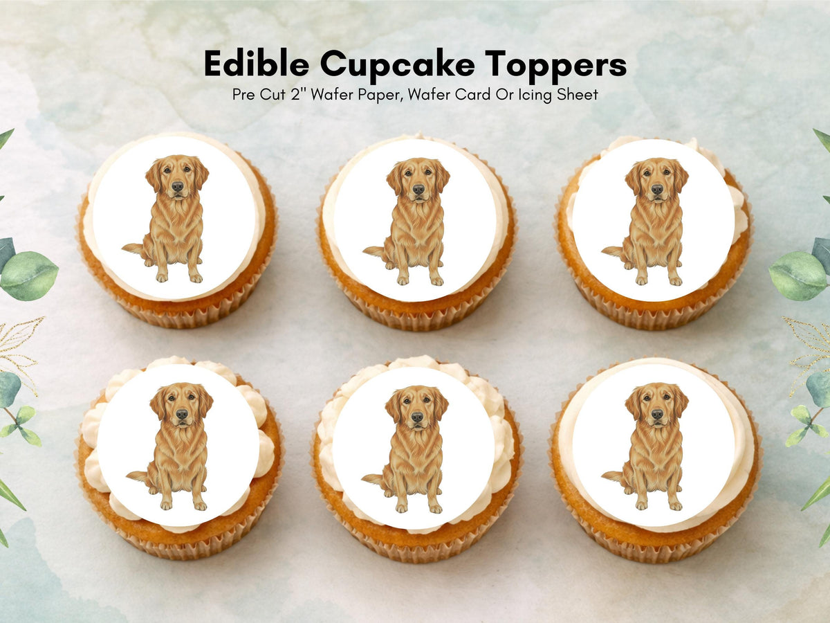 Golden Retriever Edible Cupcake Toppers 12 x 2" Dog Cake Toppers