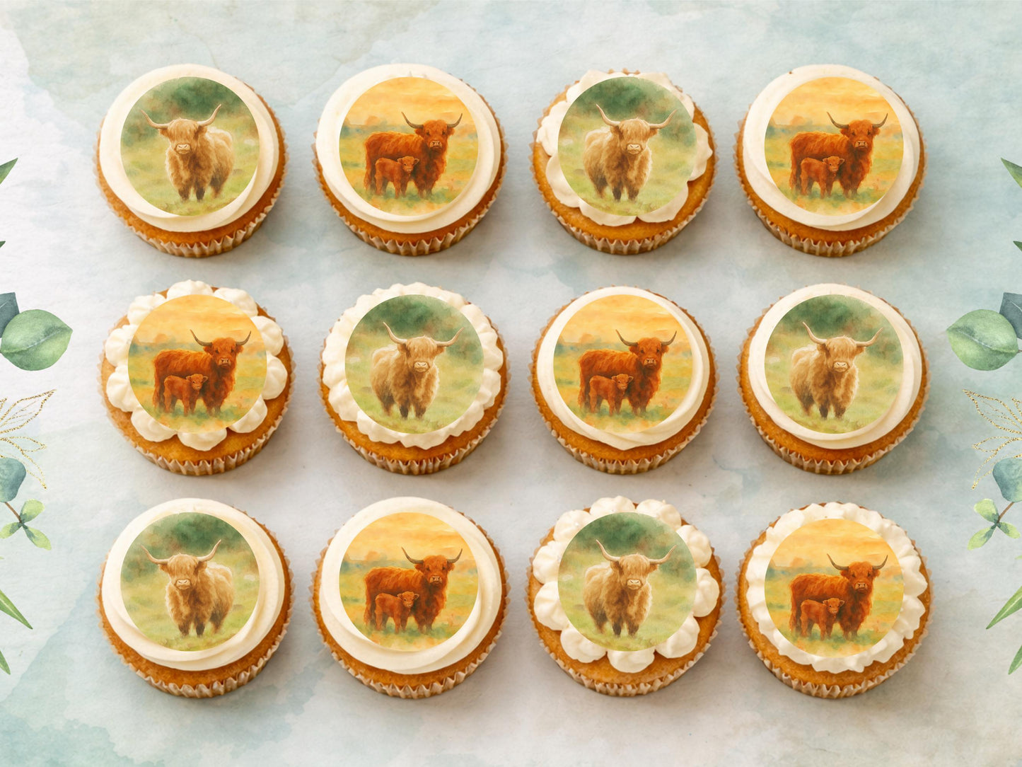 Highland Cow Edible Cupcake Toppers: 12 x 2" Birthday Cake Topper
