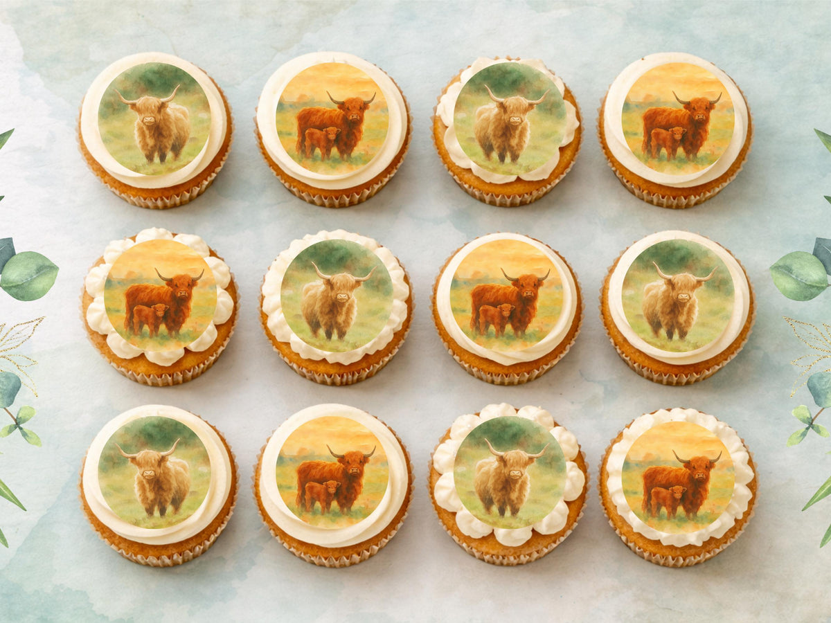 Highland Cow Edible Cupcake Toppers: 12 x 2" Birthday Cake Topper