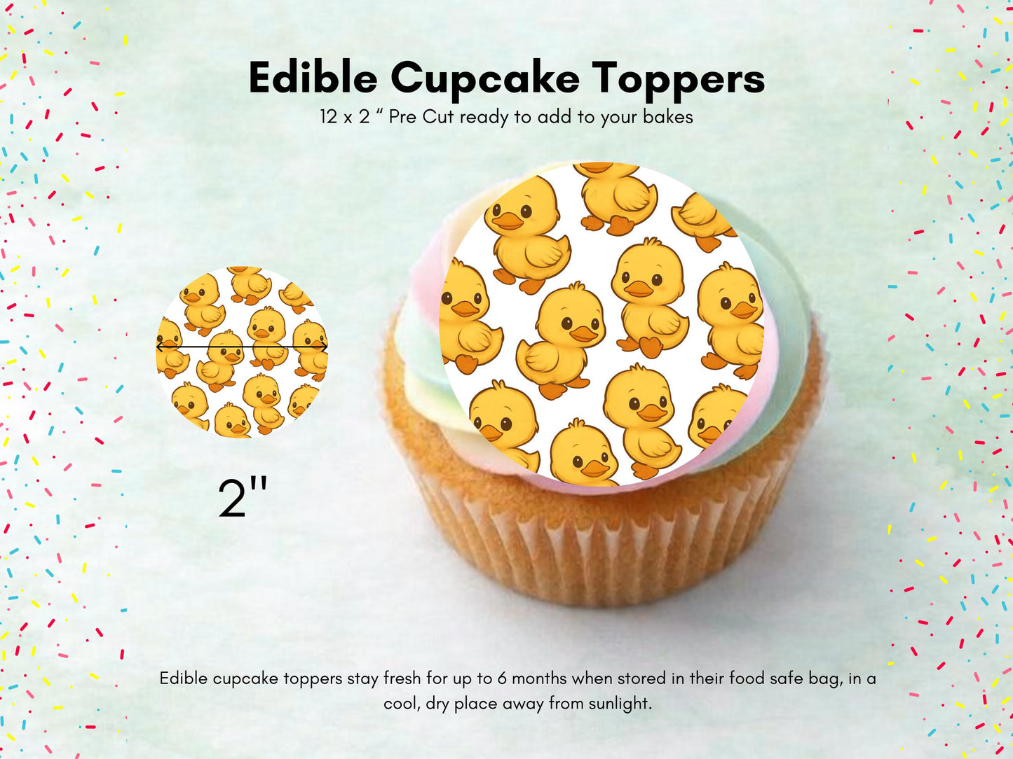 Duckling Edible Cupcake Toppers 12 x 2" Precut Wafer Paper, Card or Icing Sheet