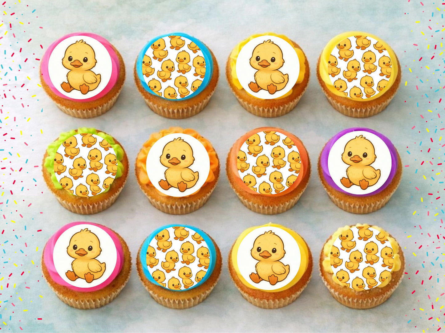Duckling Edible Cupcake Toppers 12 x 2" Precut Wafer Paper, Card or Icing Sheet