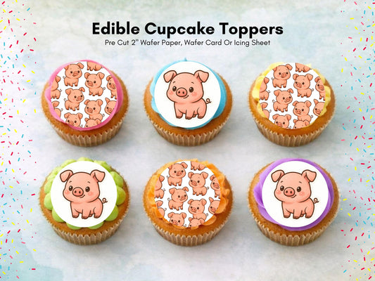 Pig Edible Cupcake Toppers 12 x 2" Precut Wafer Paper, Card or Icing Sheet