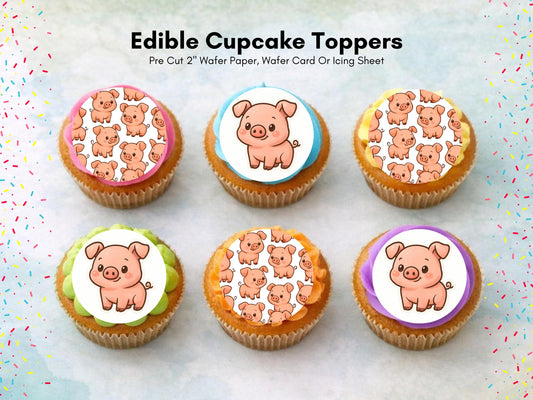 Pig Edible Cupcake Toppers 12 x 2" Precut Wafer Paper, Card or Icing Sheet
