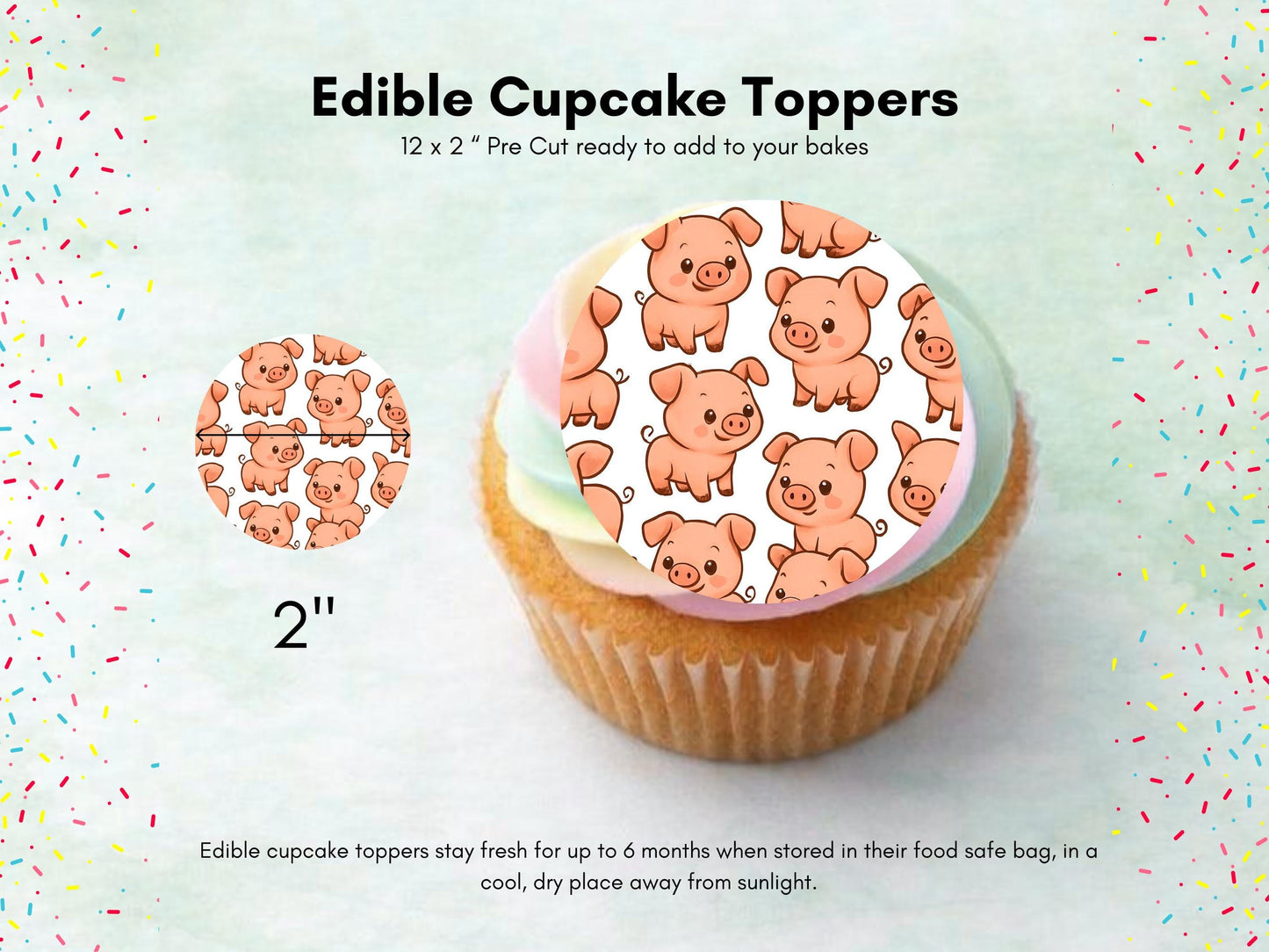 Pig Edible Cupcake Toppers 12 x 2" Precut Wafer Paper, Card or Icing Sheet