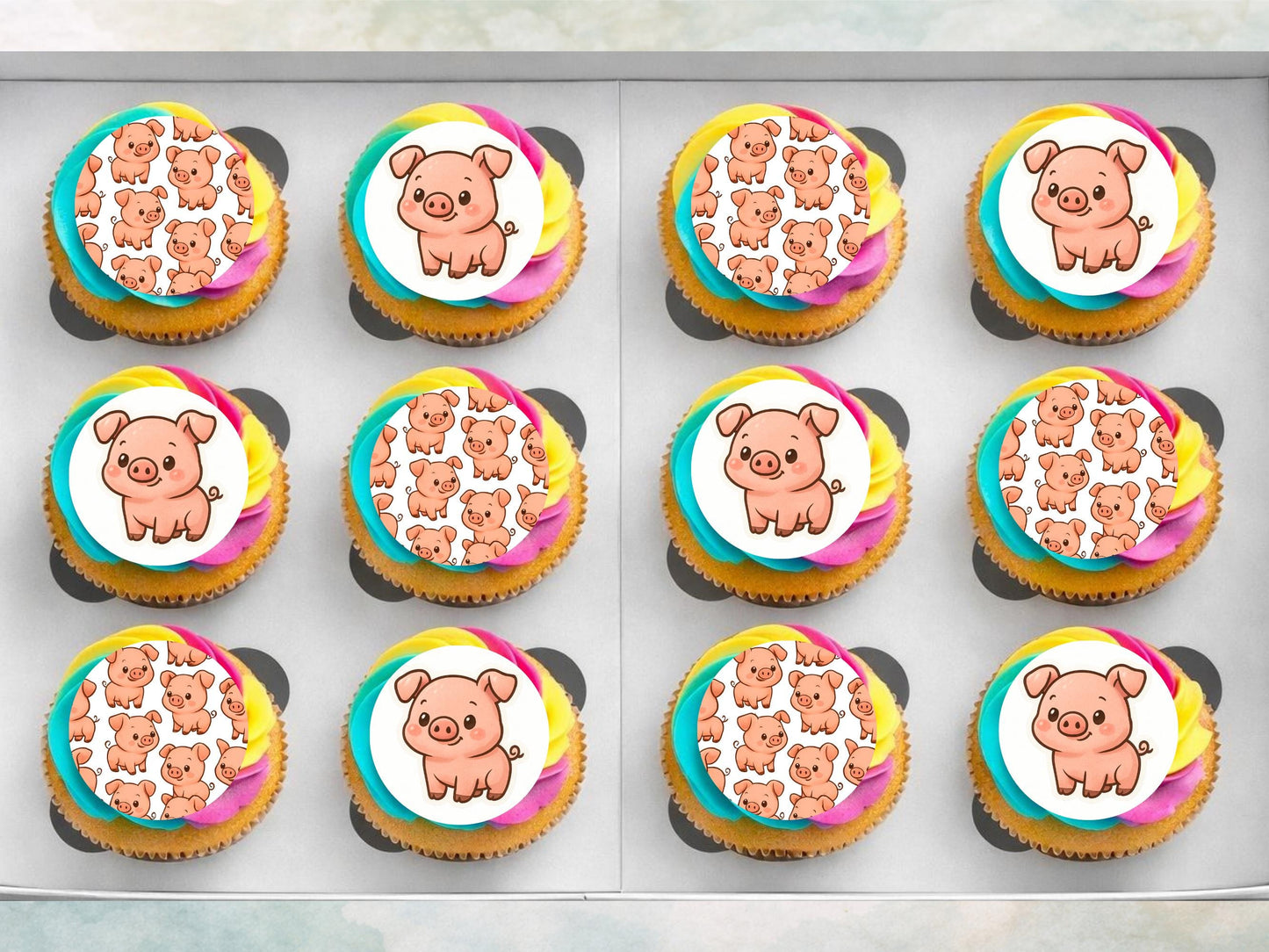 Pig Edible Cupcake Toppers 12 x 2" Precut Wafer Paper, Card or Icing Sheet