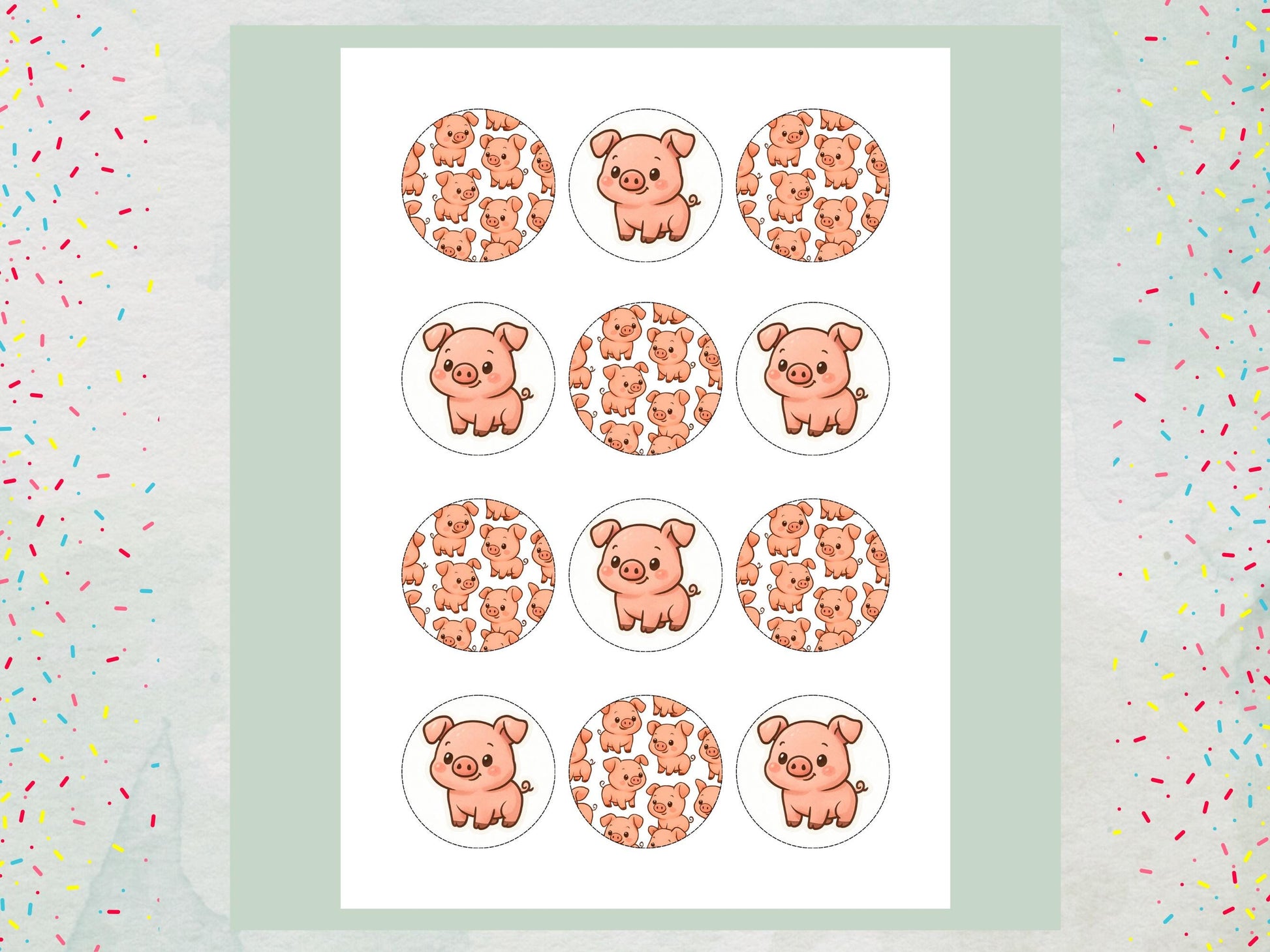 Pig Edible Cupcake Toppers 12 x 2" Precut Wafer Paper, Card or Icing Sheet