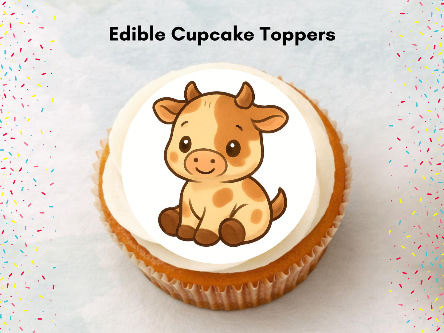 Cute Cow Edible Cupcake Toppers 12 x 2"– Pre cut Wafer Paper, Card or Icing Sheet, Cow Birthday Cake Topper, Kids Birthday Cake