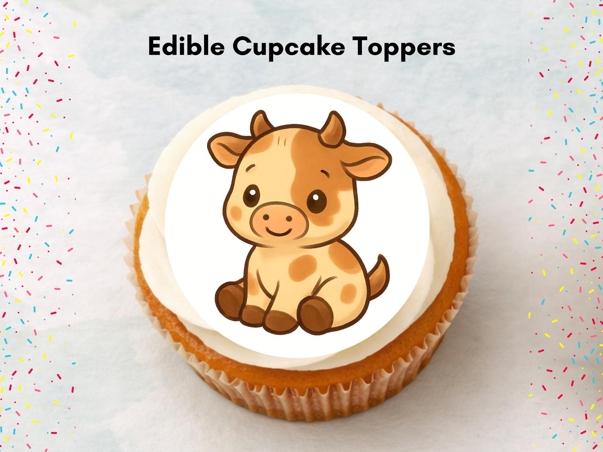 Cute Cow Edible Cupcake Toppers 12 x 2"– Pre cut Wafer Paper, Card or Icing Sheet, Cow Birthday Cake Topper, Kids Birthday Cake