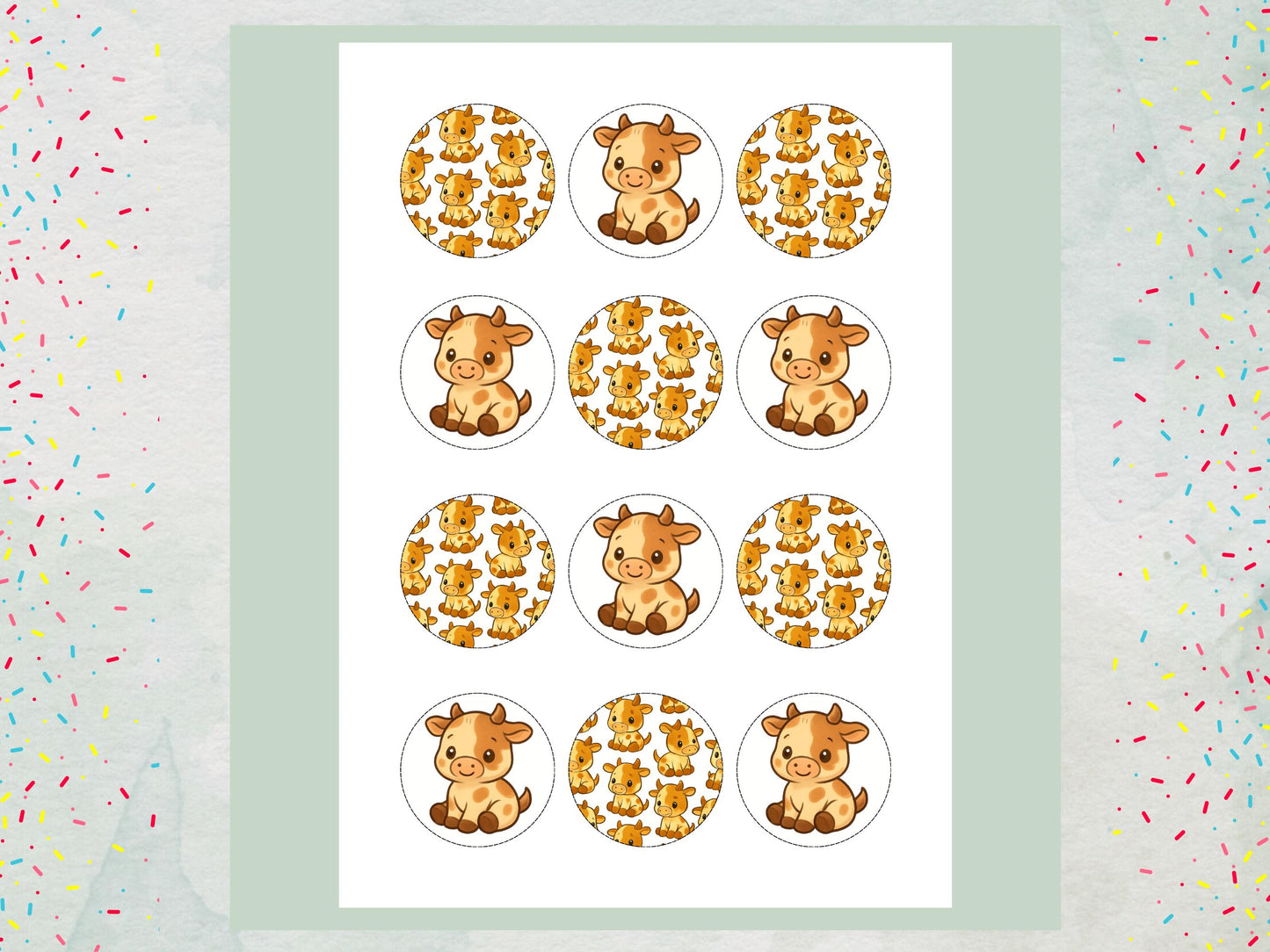 Cute Cow Edible Cupcake Toppers 12 x 2"– Pre cut Wafer Paper, Card or Icing Sheet, Cow Birthday Cake Topper, Kids Birthday Cake