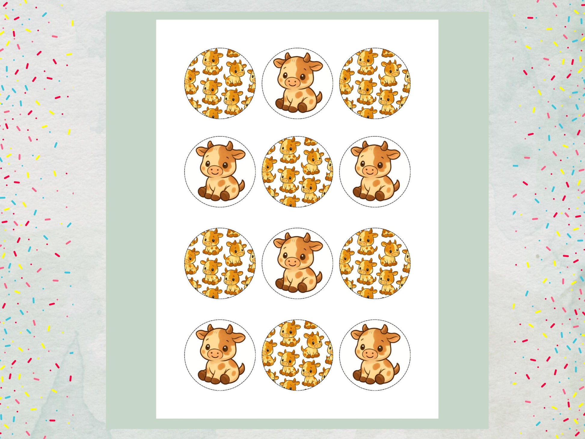Cute Cow Edible Cupcake Toppers 12 x 2"– Pre cut Wafer Paper, Card or Icing Sheet, Cow Birthday Cake Topper, Kids Birthday Cake
