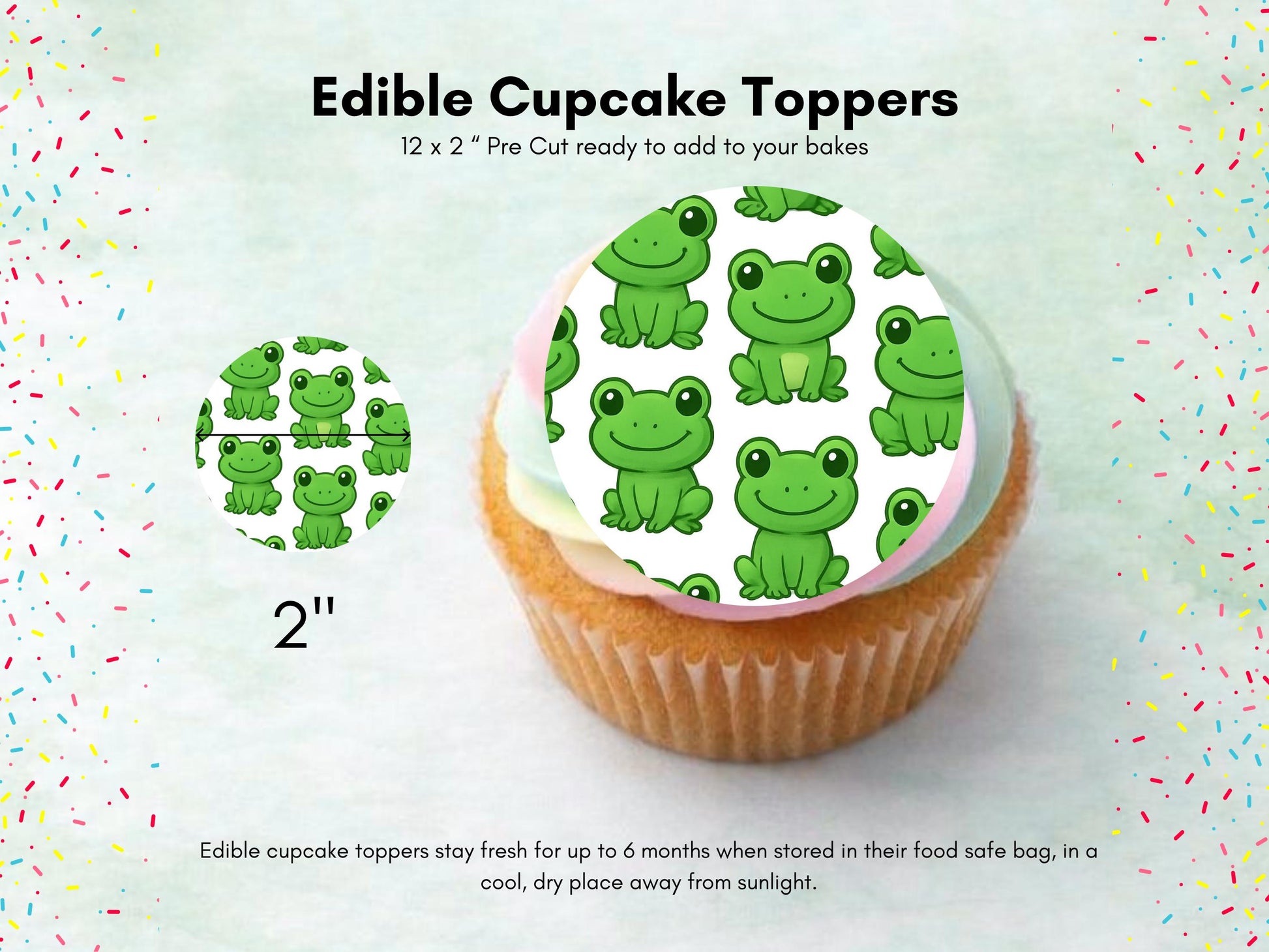 Frog Edible Cupcake Toppers 12 x 2" Precut Wafer Paper, Card or Icing Sheet