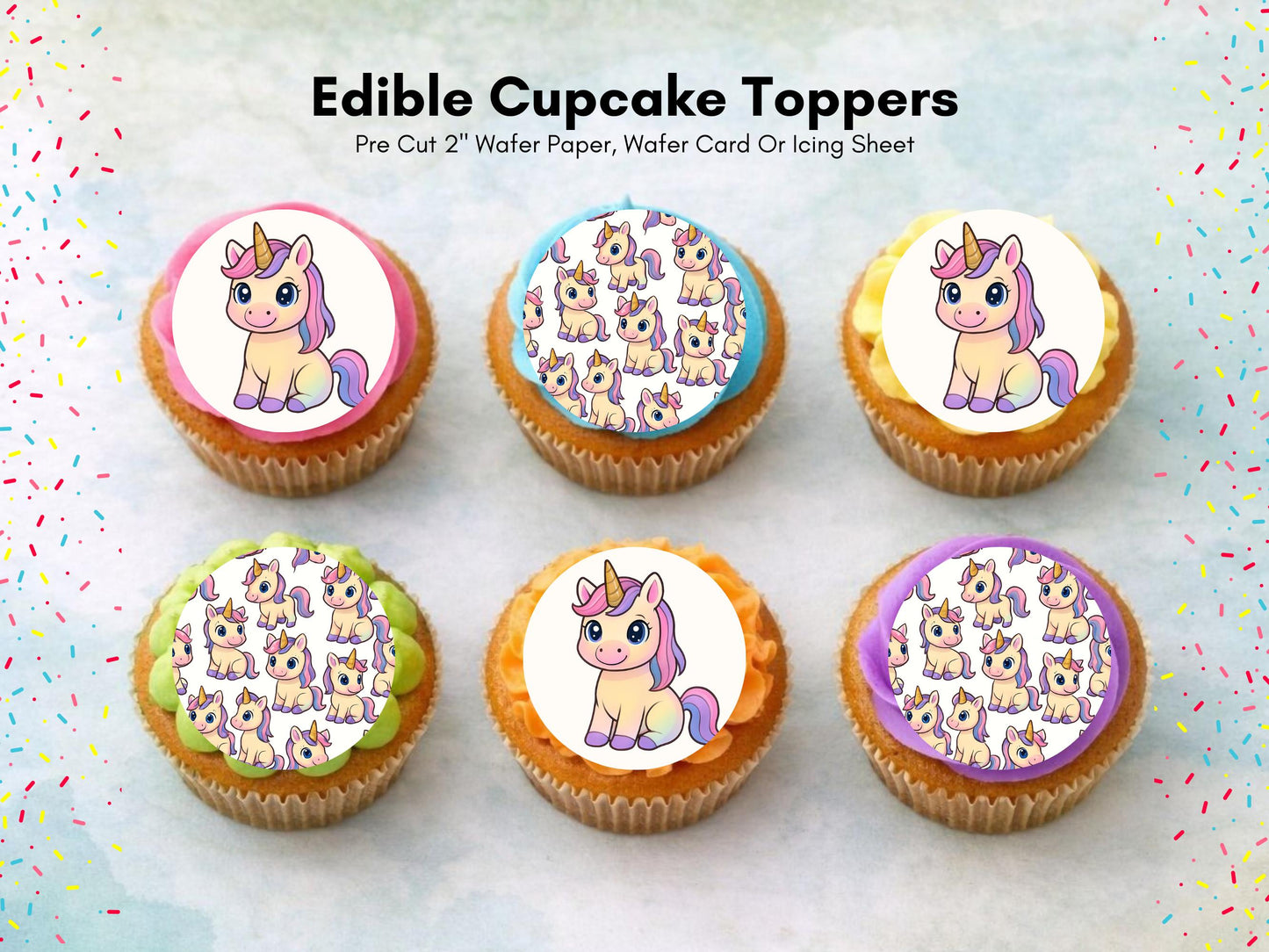 Unicorn Cupcake Toppers: Edible Wafer Paper, Card, or Icing - 12 x 2"