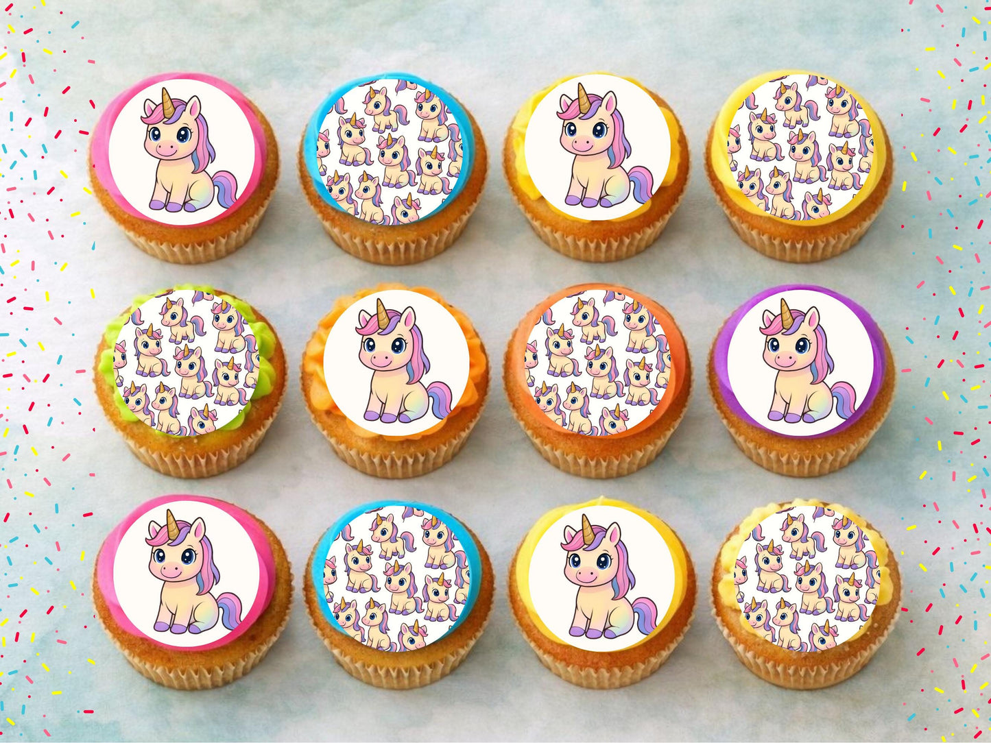 Unicorn Cupcake Toppers: Edible Wafer Paper, Card, or Icing - 12 x 2"