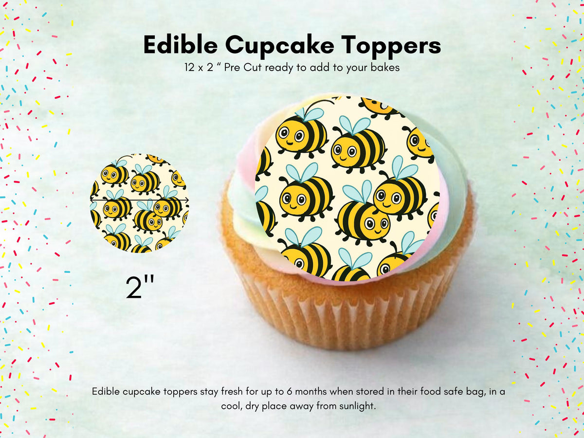Cute Bumble Bee Edible Cupcake Toppers 12 x 2"– Bumble Bee Birthday Cake Decoration