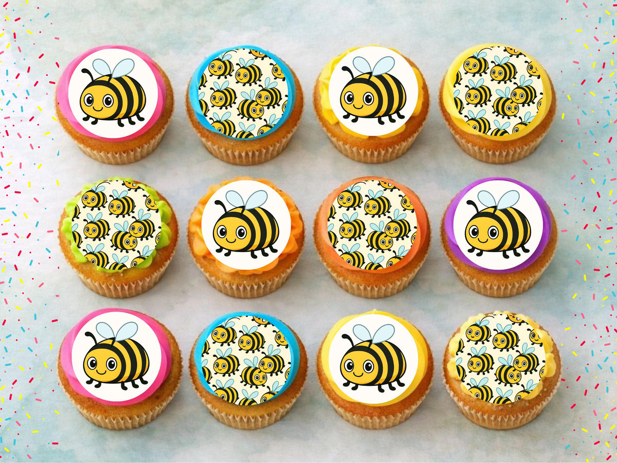 Cute Bumble Bee Edible Cupcake Toppers 12 x 2"– Bumble Bee Birthday Cake Decoration