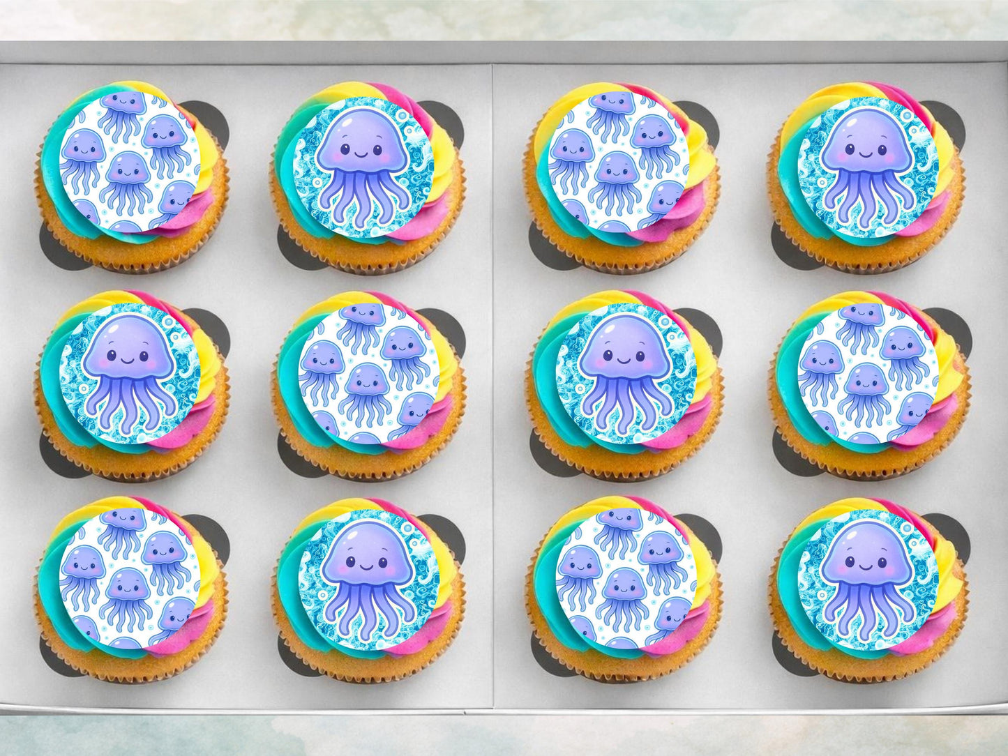 Jellyfish Edible Cupcake Toppers 12 x 2" Precut Wafer Paper, Card or Icing Sheet