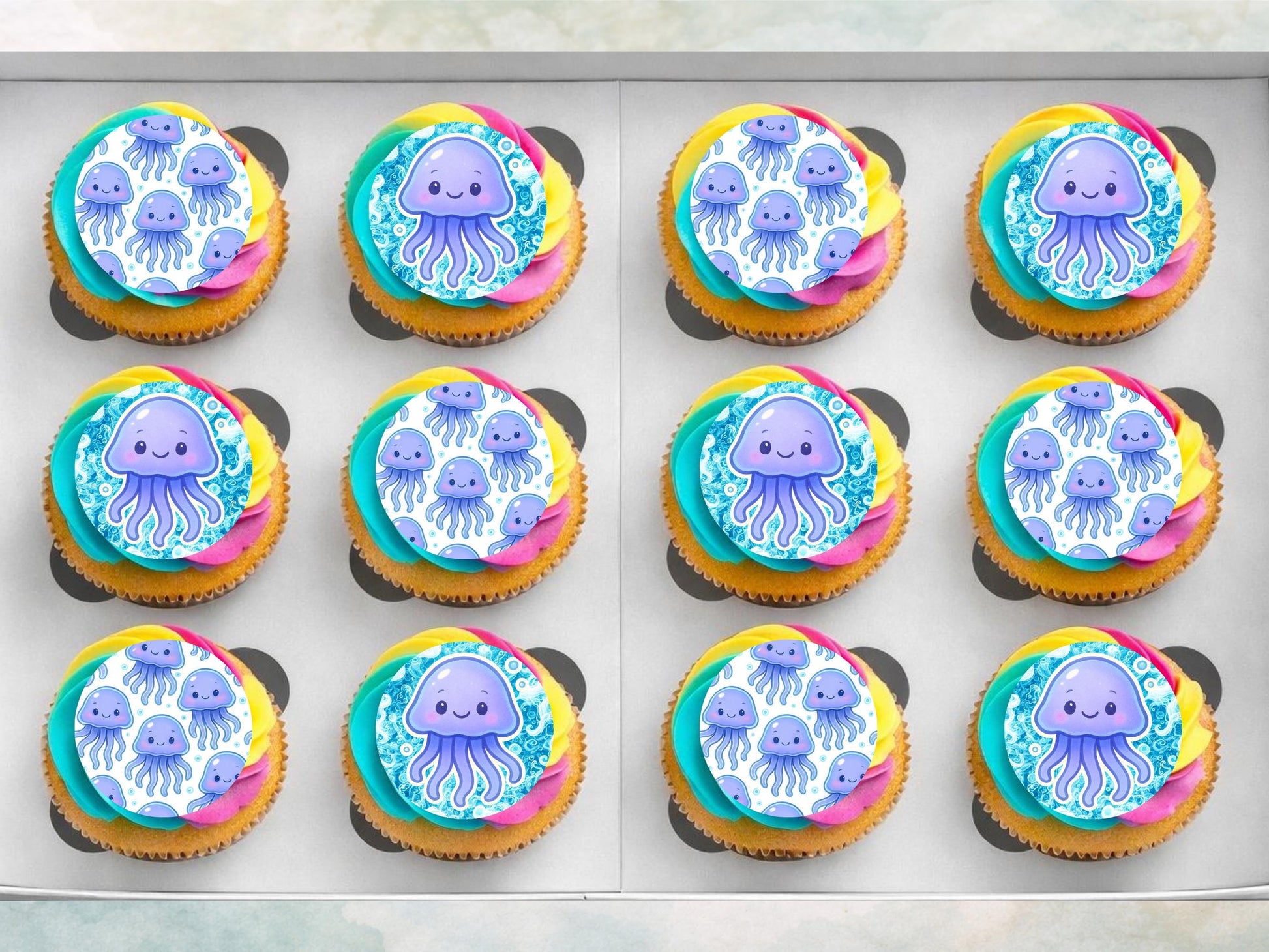 Jellyfish Edible Cupcake Toppers 12 x 2" Precut Wafer Paper, Card or Icing Sheet