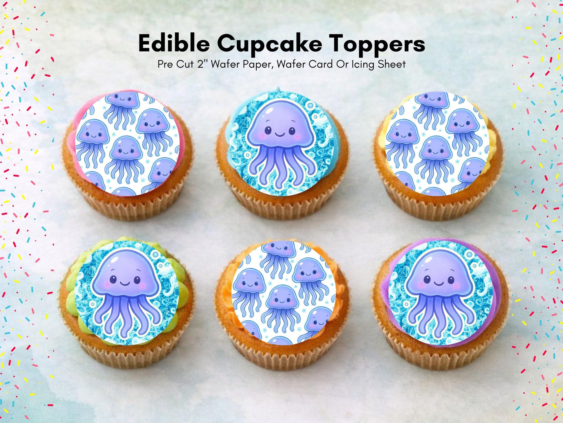 Jellyfish Edible Cupcake Toppers 12 x 2" Precut Wafer Paper, Card or Icing Sheet