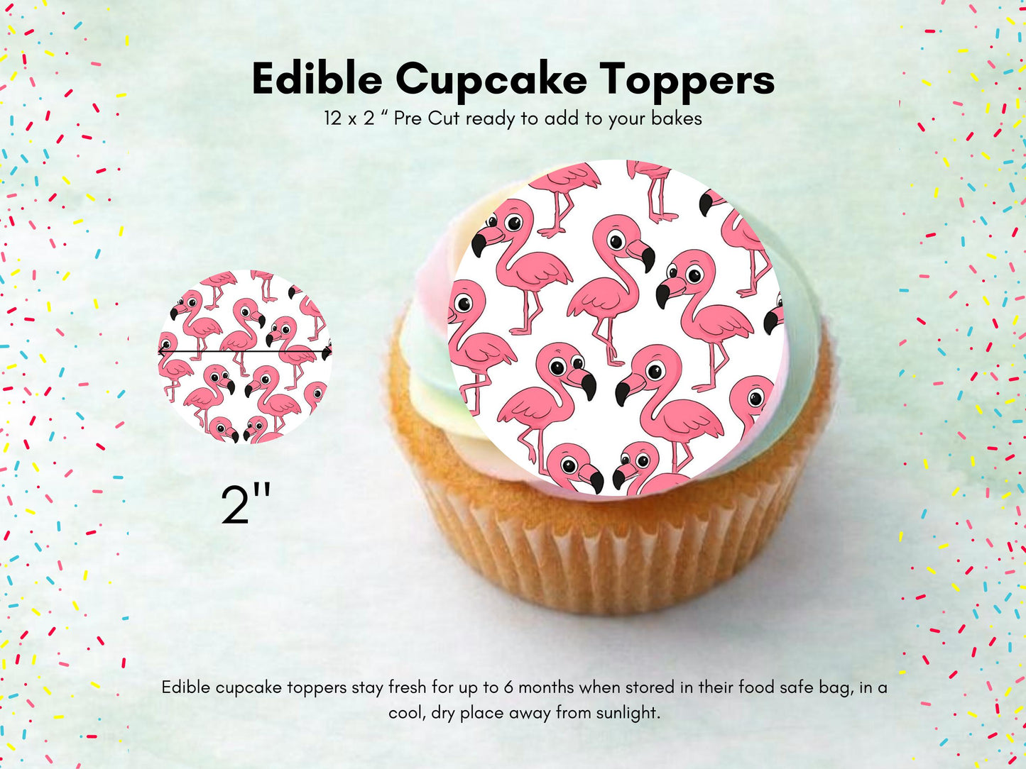Flamingo Edible Cupcake Toppers 12 x 2" Precut Wafer Paper, Card or Icing Sheet