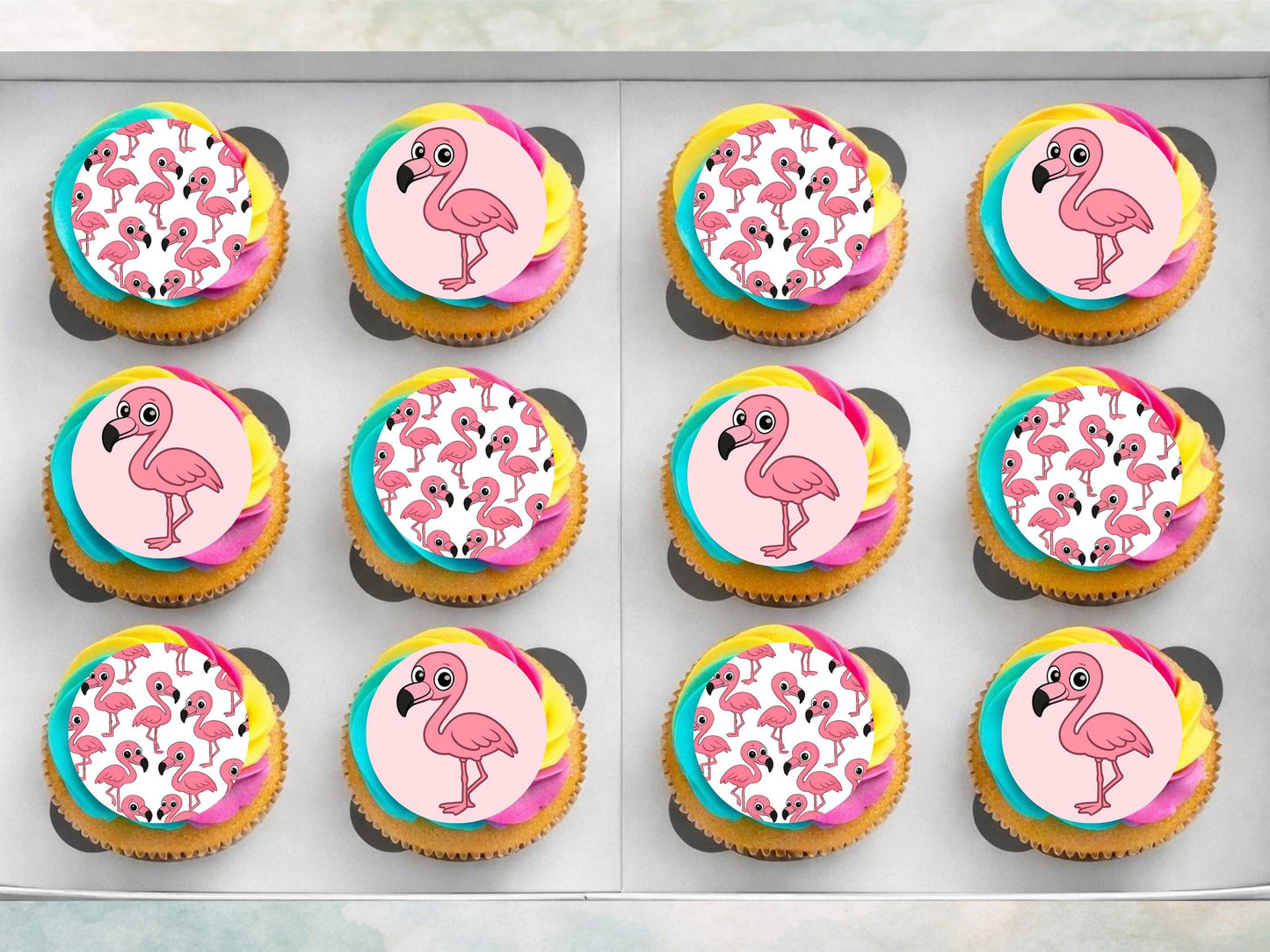 Flamingo Edible Cupcake Toppers 12 x 2" Precut Wafer Paper, Card or Icing Sheet