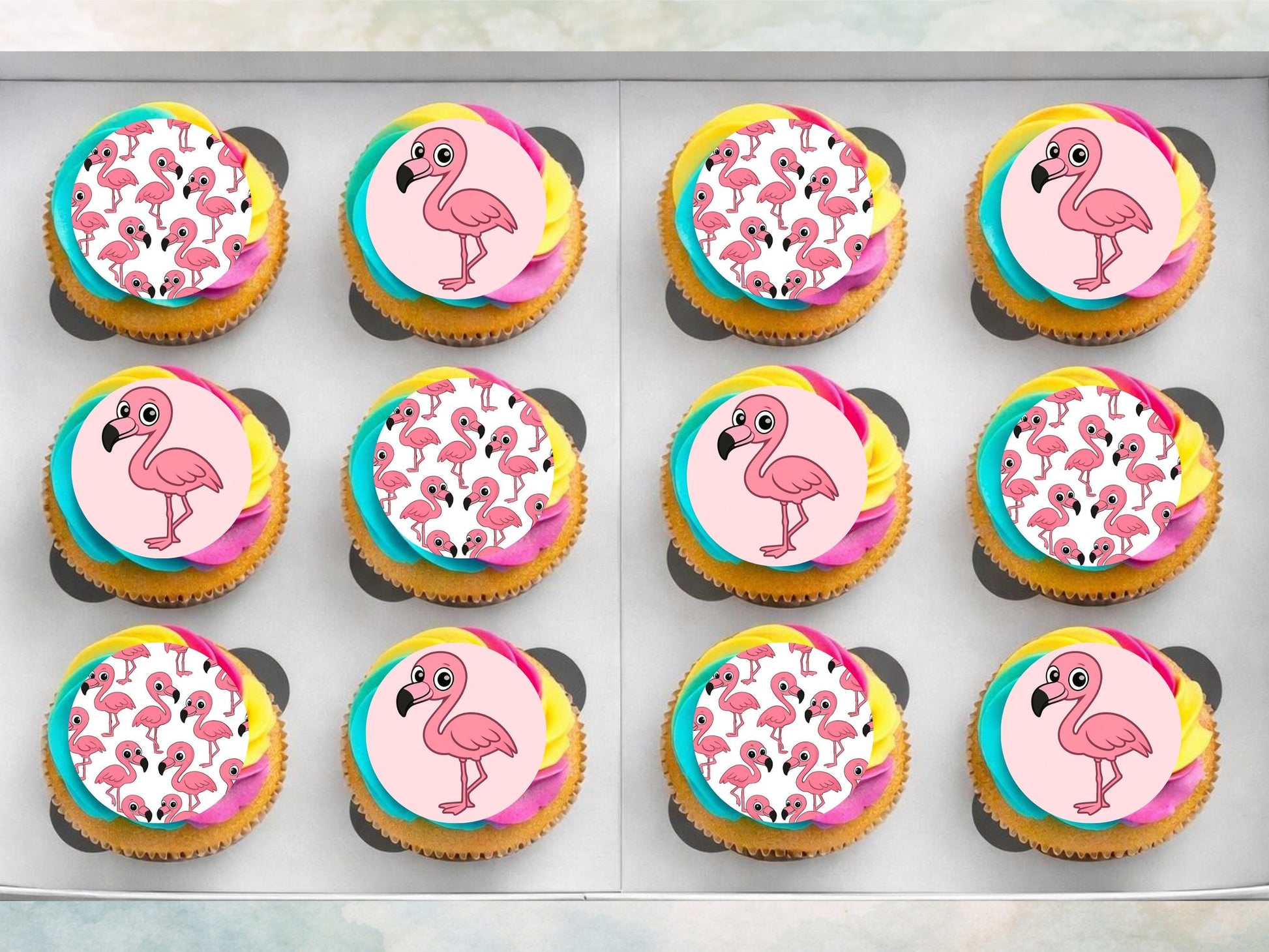 Flamingo Edible Cupcake Toppers 12 x 2" Precut Wafer Paper, Card or Icing Sheet