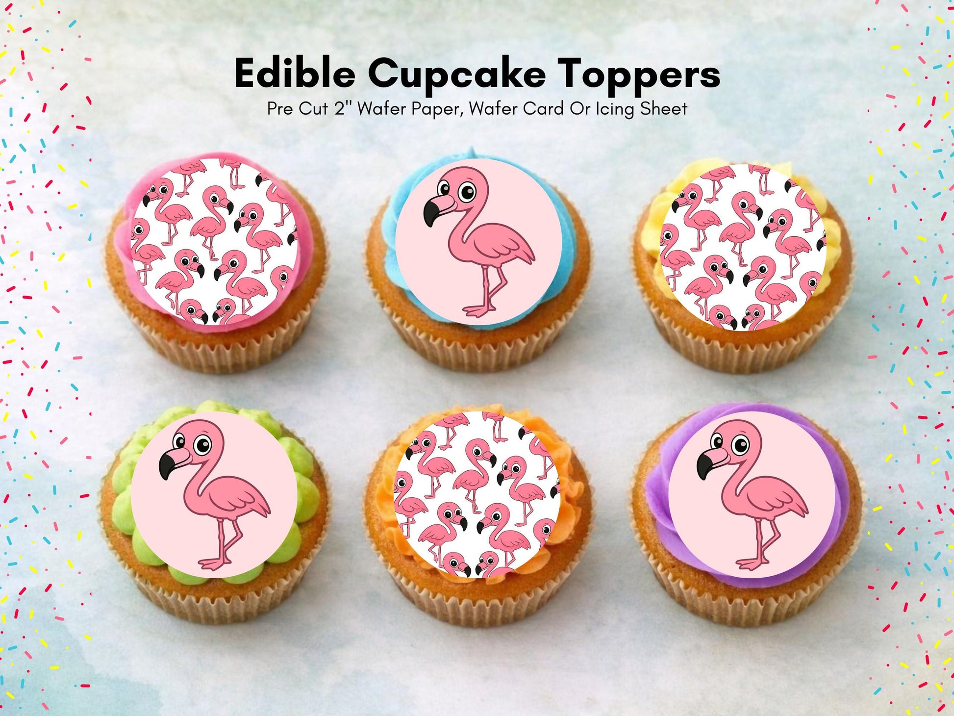 Flamingo Edible Cupcake Toppers 12 x 2" Precut Wafer Paper, Card or Icing Sheet