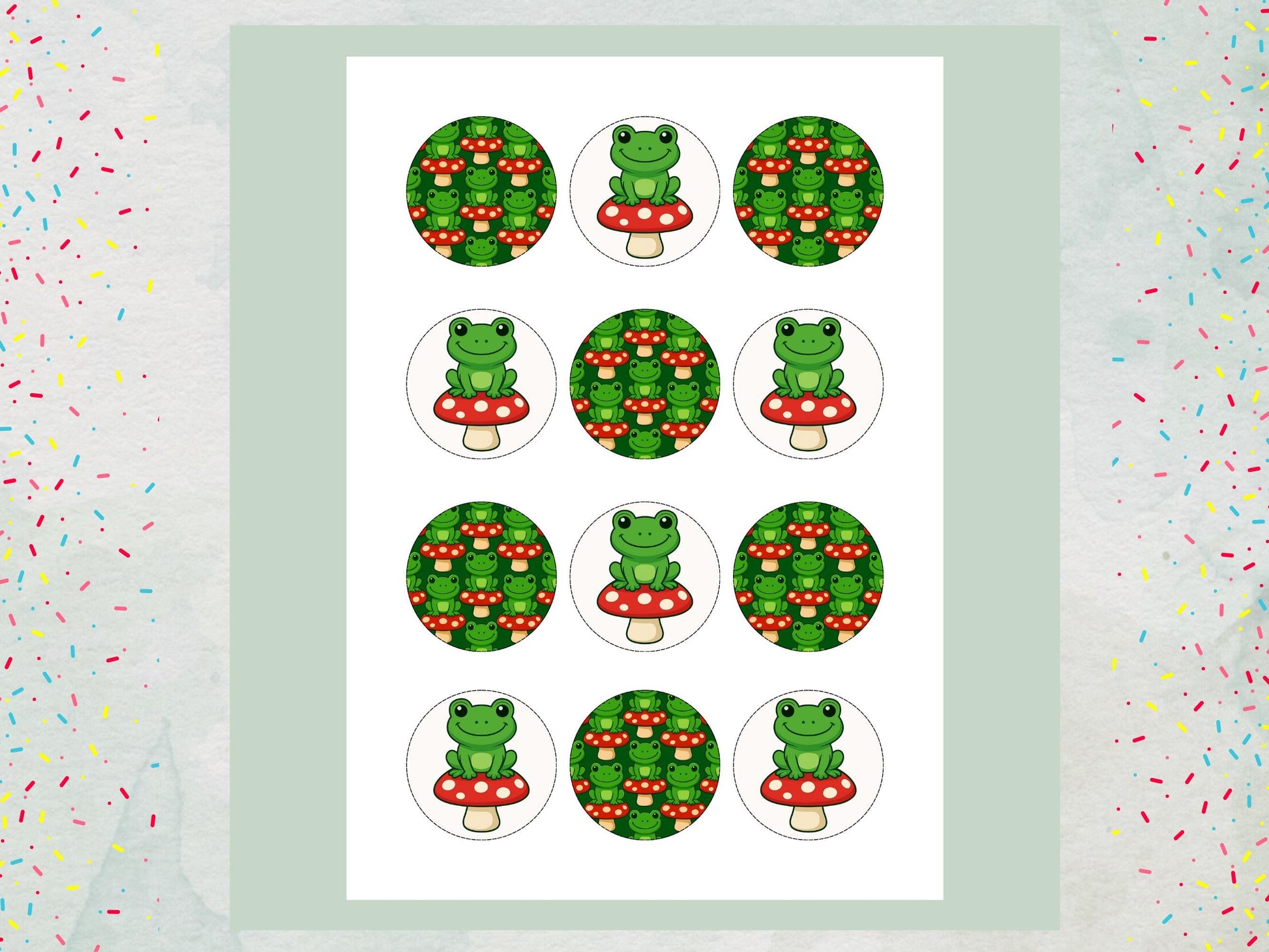 Cute Frog on a Mushroom Edible Cupcake Toppers 12 x 2"– Pre cut Wafer Paper, Card or Icing Sheet, Frog Birthday Cake Topper