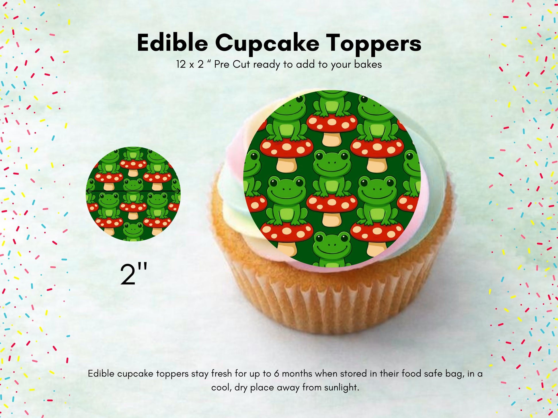 Cute Frog on a Mushroom Edible Cupcake Toppers 12 x 2"– Pre cut Wafer Paper, Card or Icing Sheet, Frog Birthday Cake Topper