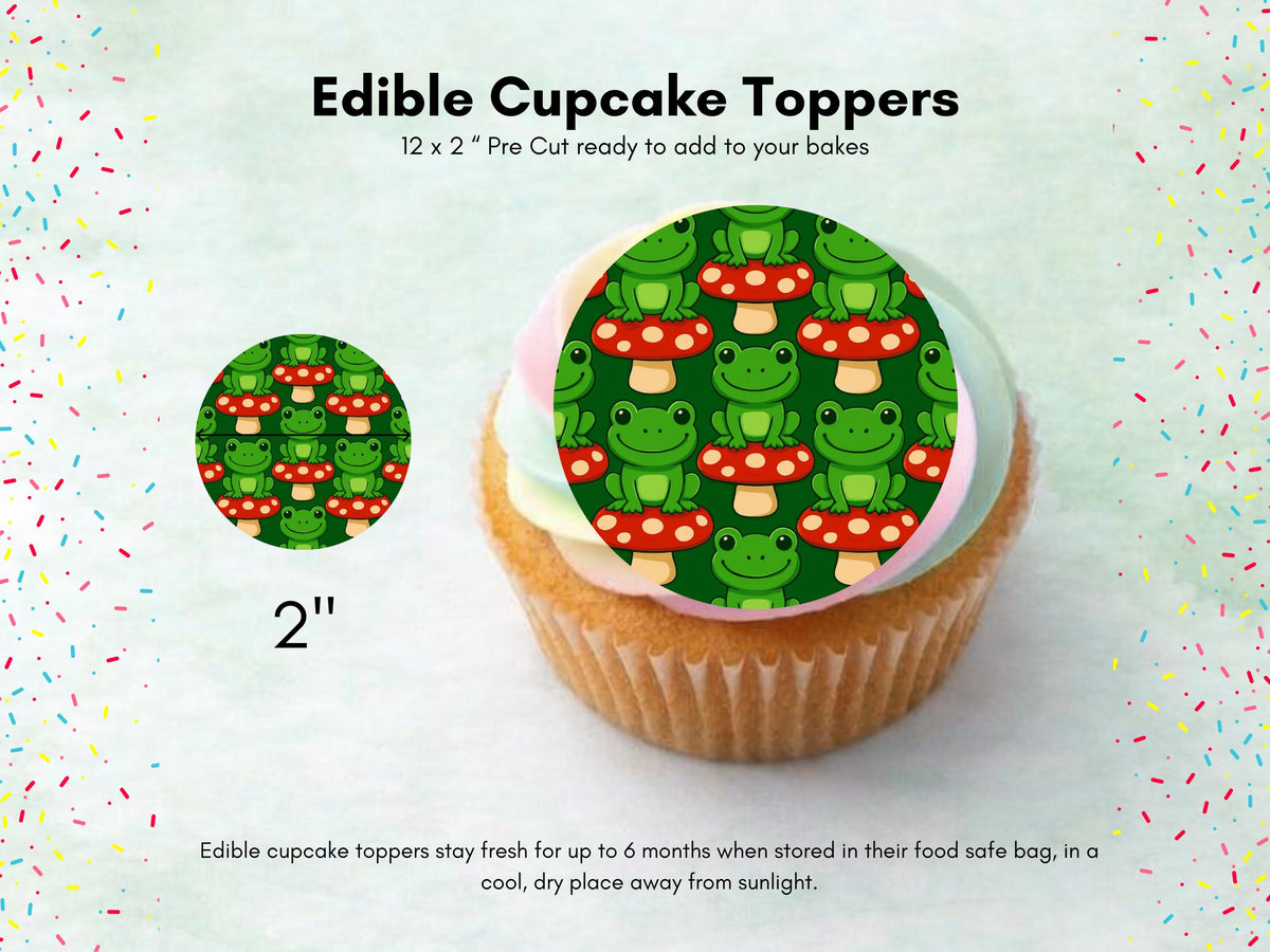 Cute Frog on a Mushroom Edible Cupcake Toppers 12 x 2"– Frog Birthday Cake Decoration
