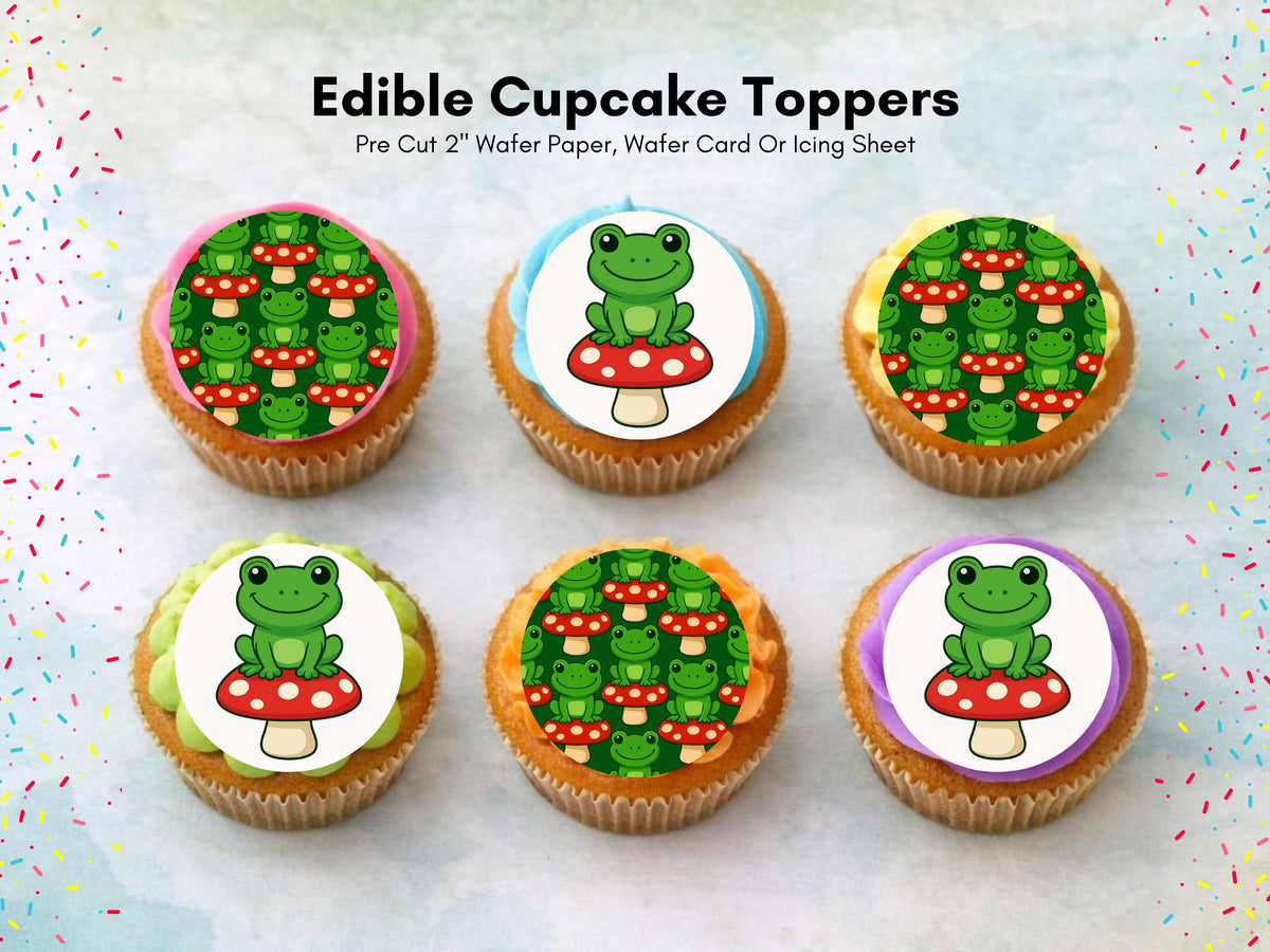 Cute Frog on a Mushroom Edible Cupcake Toppers 12 x 2"– Frog Birthday Cake Decoration
