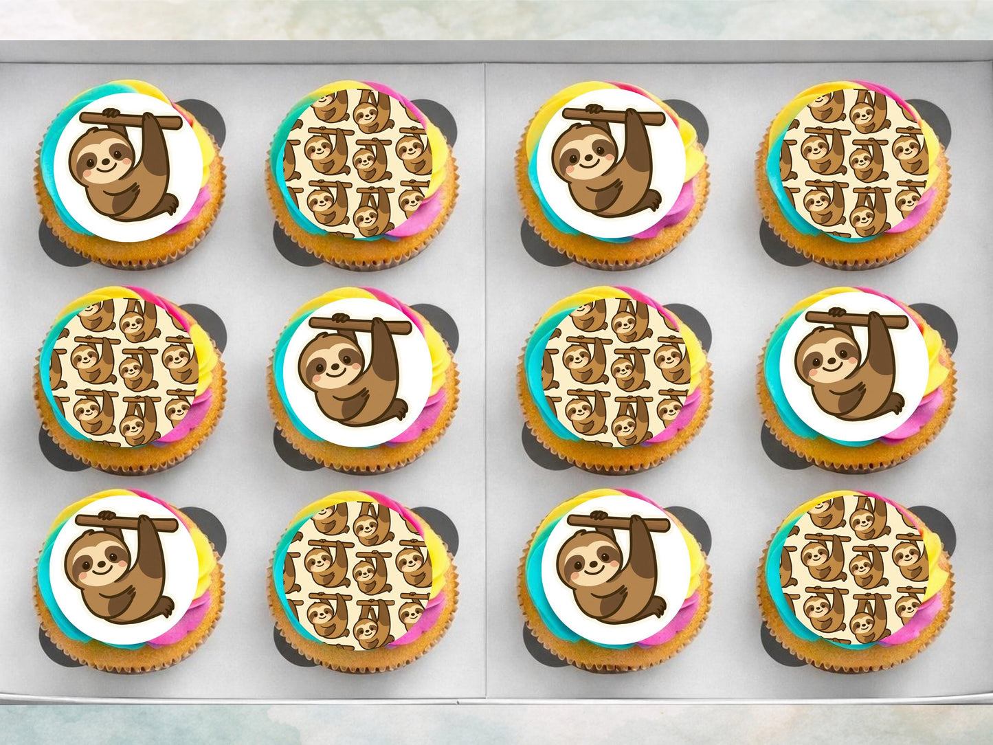 Cute Sloth Edible Cupcake Toppers 12 x 2"– Pre cut Wafer Paper, Card or Icing Sheet, Sloth Birthday Cake Topper, Kids Birthday Cake