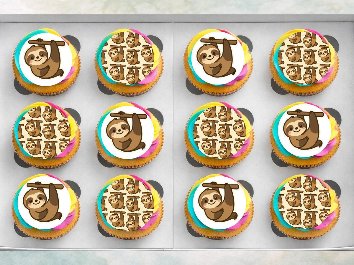 Cute Sloth Edible Cupcake Toppers 12 x 2"– Pre cut Wafer Paper, Card or Icing Sheet, Kids Birthday Cake Decorations