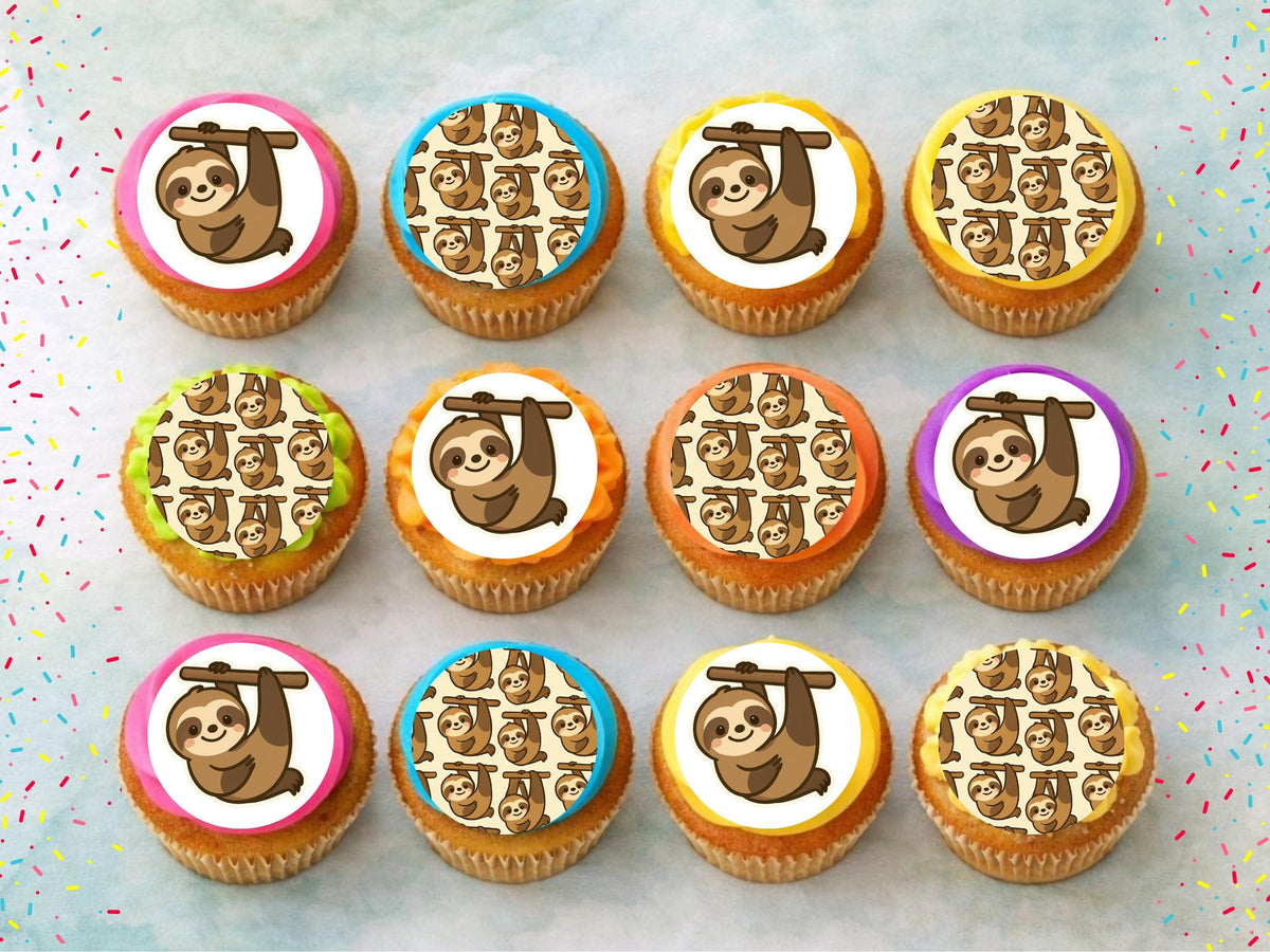 Cute Sloth Edible Cupcake Toppers 12 x 2"– Pre cut Wafer Paper, Card or Icing Sheet, Kids Birthday Cake Decorations