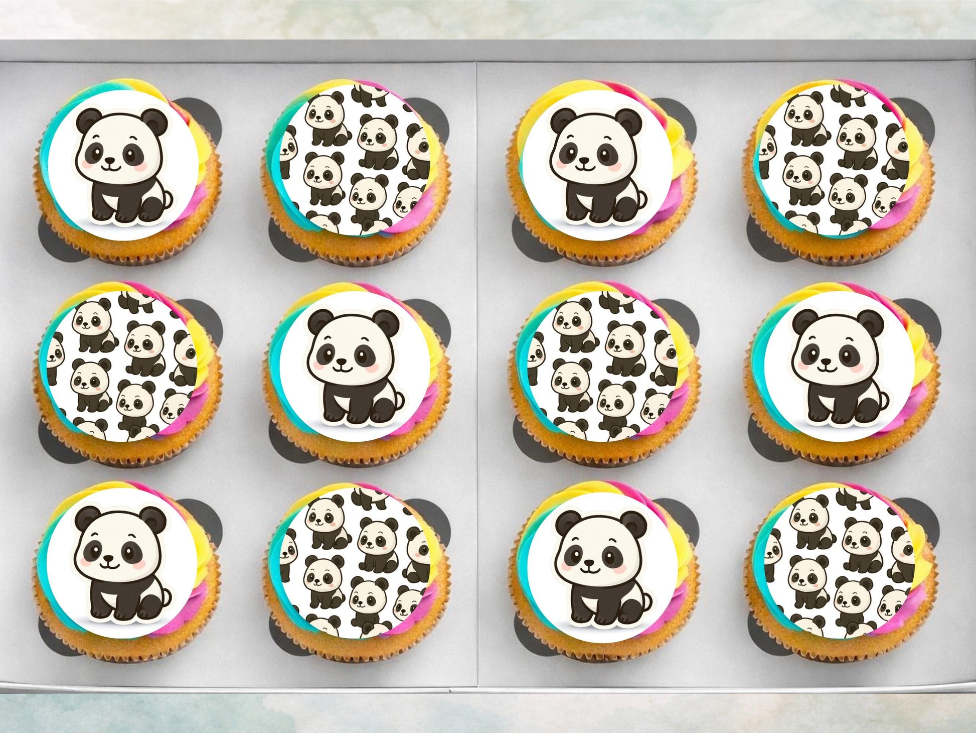 Panda Edible Cupcake Toppers 12 x 2" Precut Wafer Paper, Card or Icing Sheet