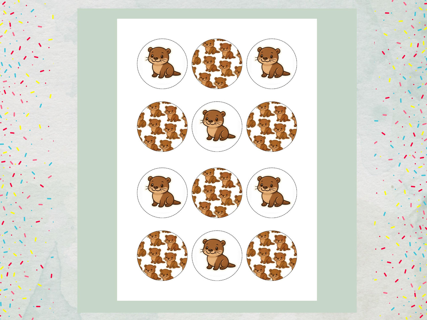 Cute Otter Edible Cupcake Toppers 12 x 2"– Pre cut Wafer Paper, Card or Icing Sheet, Otter Birthday Cake Topper, Kids Birthday Cake