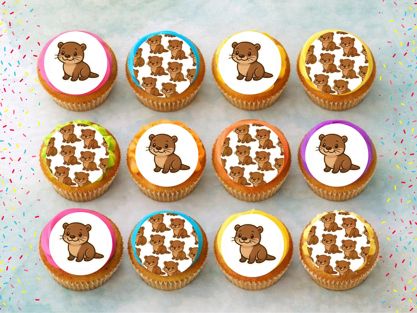 Cute Otter Edible Cupcake Toppers 12 x 2"– Pre cut Wafer Paper, Card or Icing Sheet, Otter Birthday Cake Topper, Kids Birthday Cake