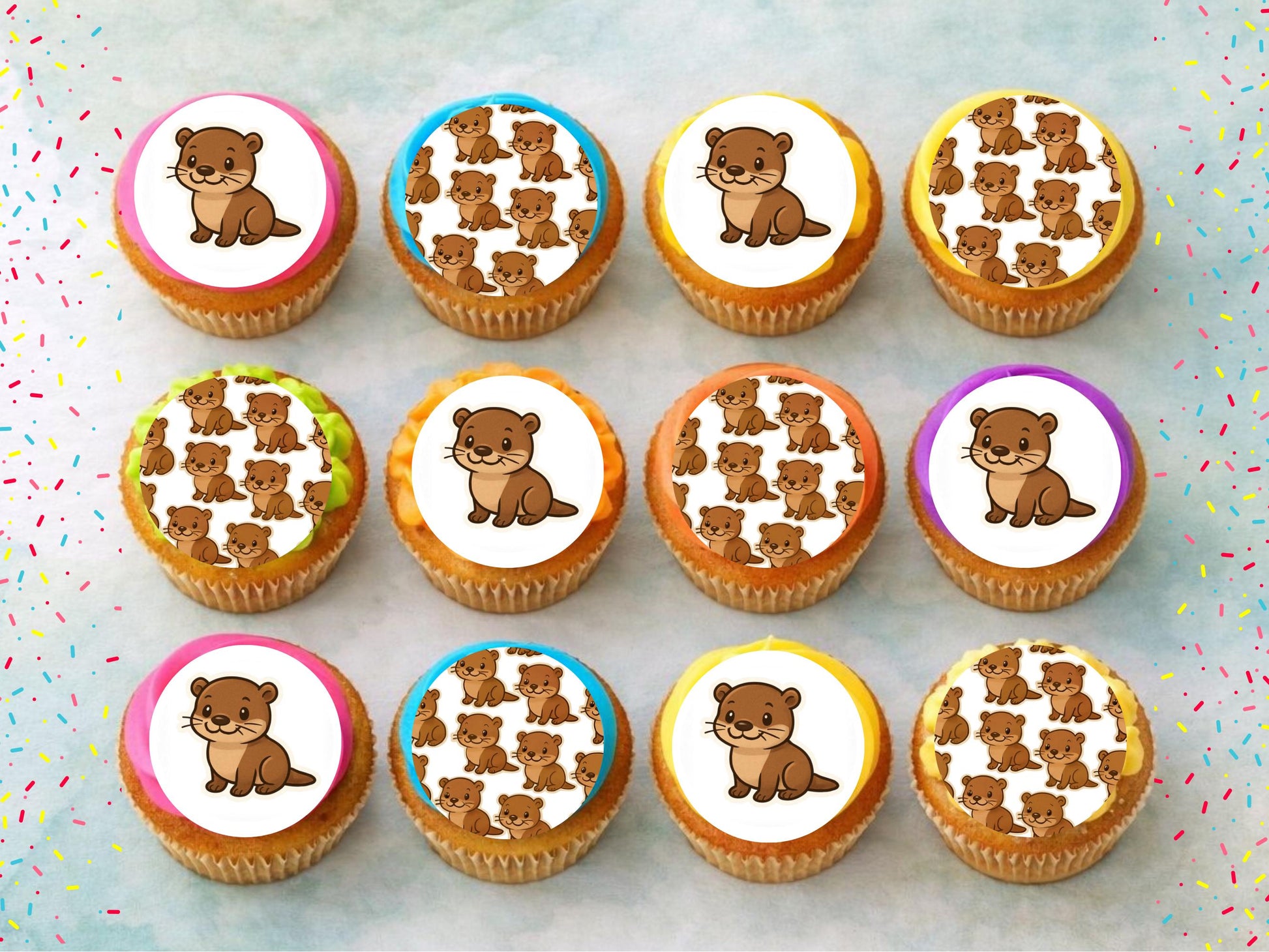 Cute Otter Edible Cupcake Toppers 12 x 2"– Pre cut Wafer Paper, Card or Icing Sheet, Otter Birthday Cake Topper, Kids Birthday Cake